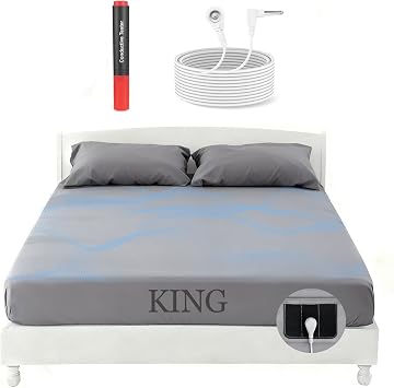 88% Cotton & Silver Fiber Grounding Sheets King Gray, 75.2x80x15 | Earthing Fitted Sheet with Ground Connection Cord and Test Pen for Better Sleep,Pain Relief