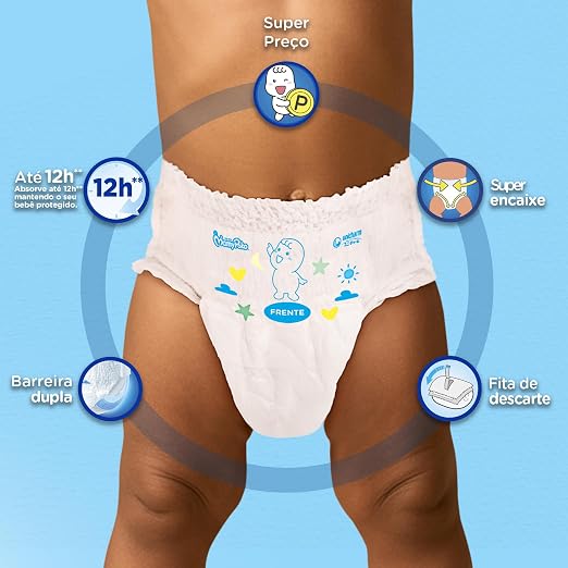 Infográfico detalhando os diferenciais da fralda-calça como barreiras duplas e fita de descarte