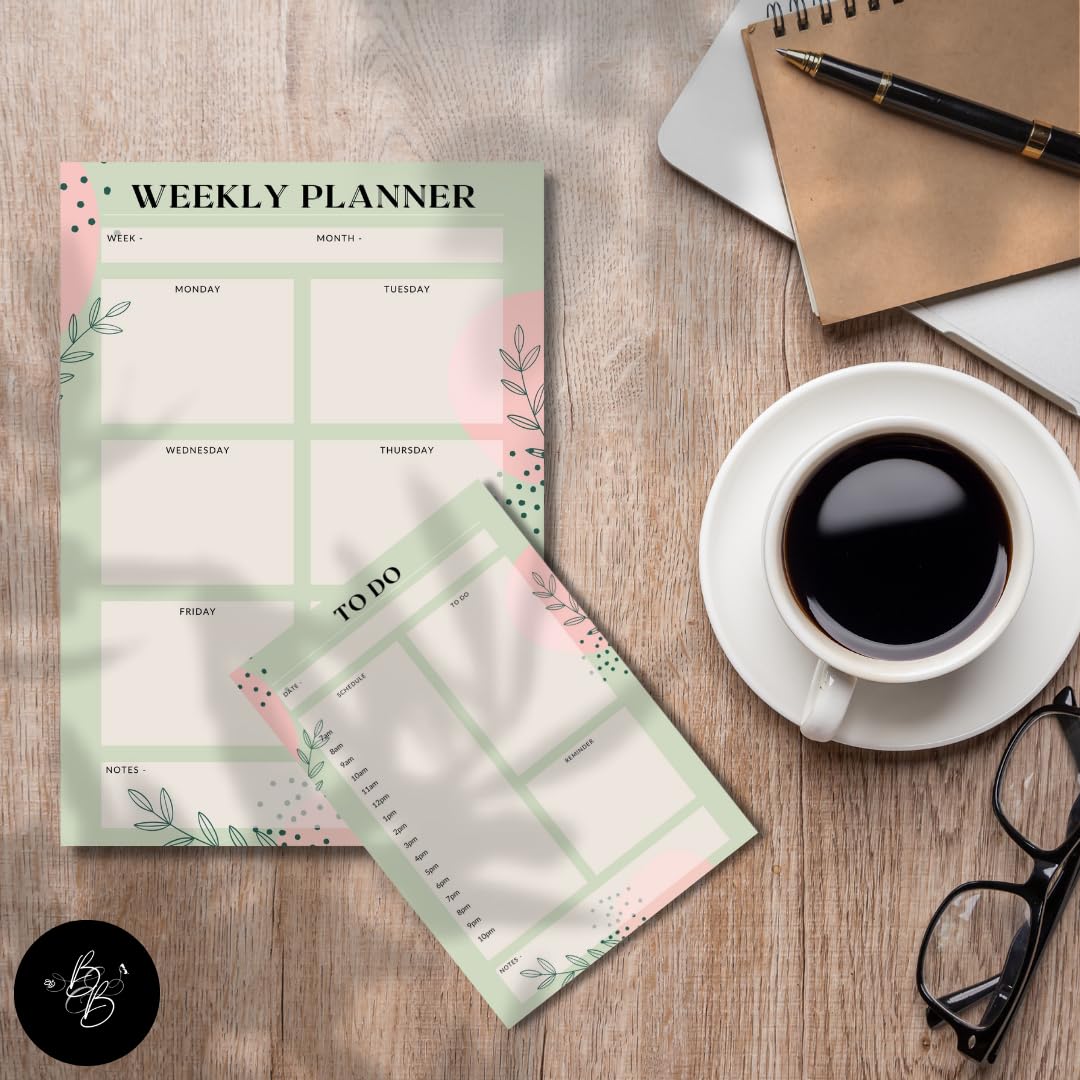 Bees and Butterflies A4 Weekly Planner & A5 To-Do List Combo (50 Sheets Each), Blush Design Productivity Set for Office, Work, Study & Home | Elegant Organiser for Scheduling and Daily Task Planning 1