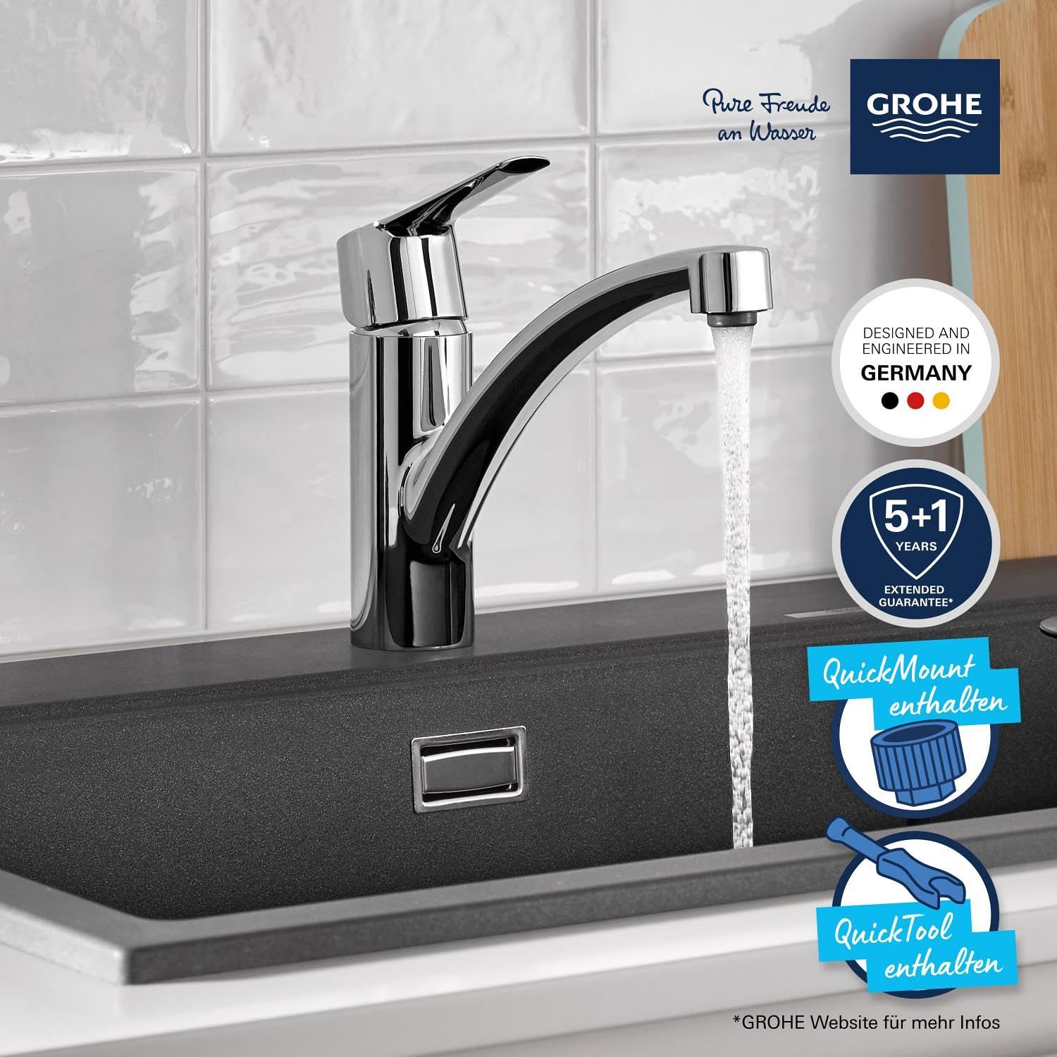 GROHE Start, Küchenarmatur mit flachem Auslauf (Wasserhahn für die Küche, 140° schwenkbar, wassersparend dank variabler Mengenbegrenzung, werkzeugfreie Spülbecken-Montage), chrom, 30530002
