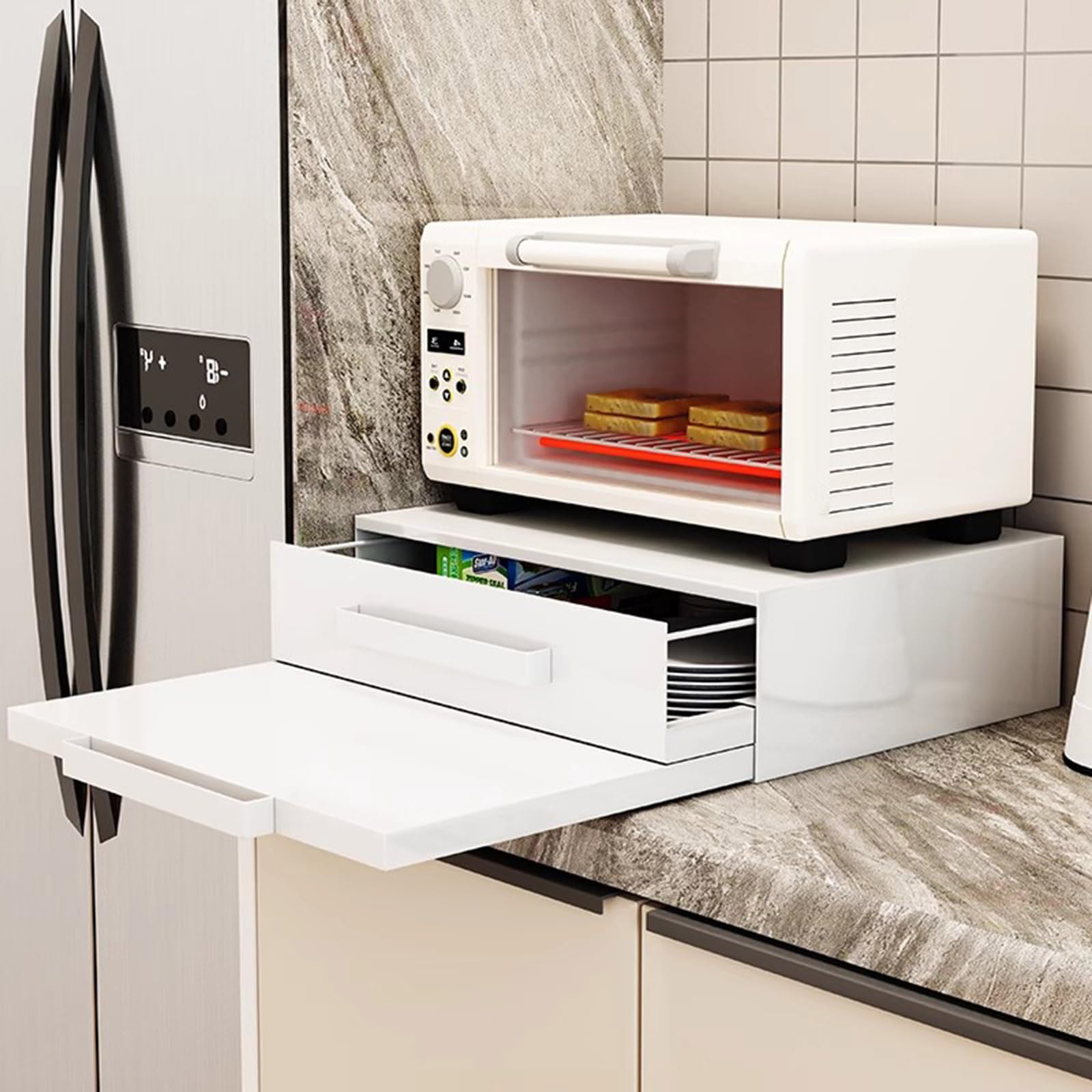 Vassoio scorrevole adjuble in acciaio al carbonio per microonde, 47 x 36 e 62 x 14 cm, ripiano estraibile bianco per cucina Sto & nizat