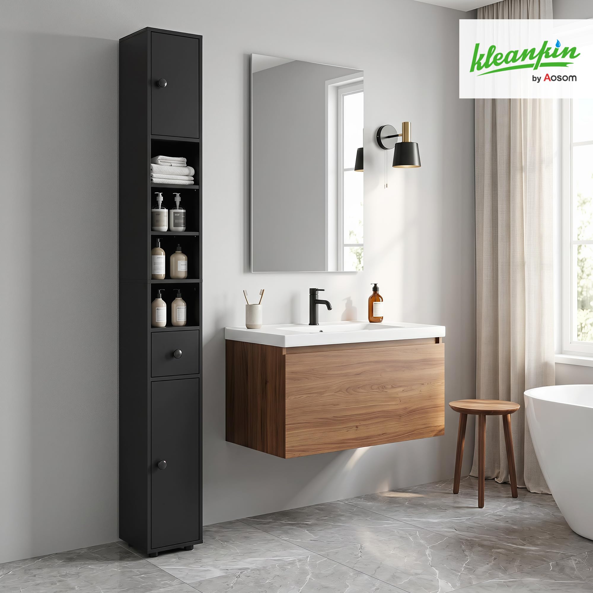 kleankin Badezimmerschrank schmal für kleine Räume 20 x 20 x 180 cm Schwarz