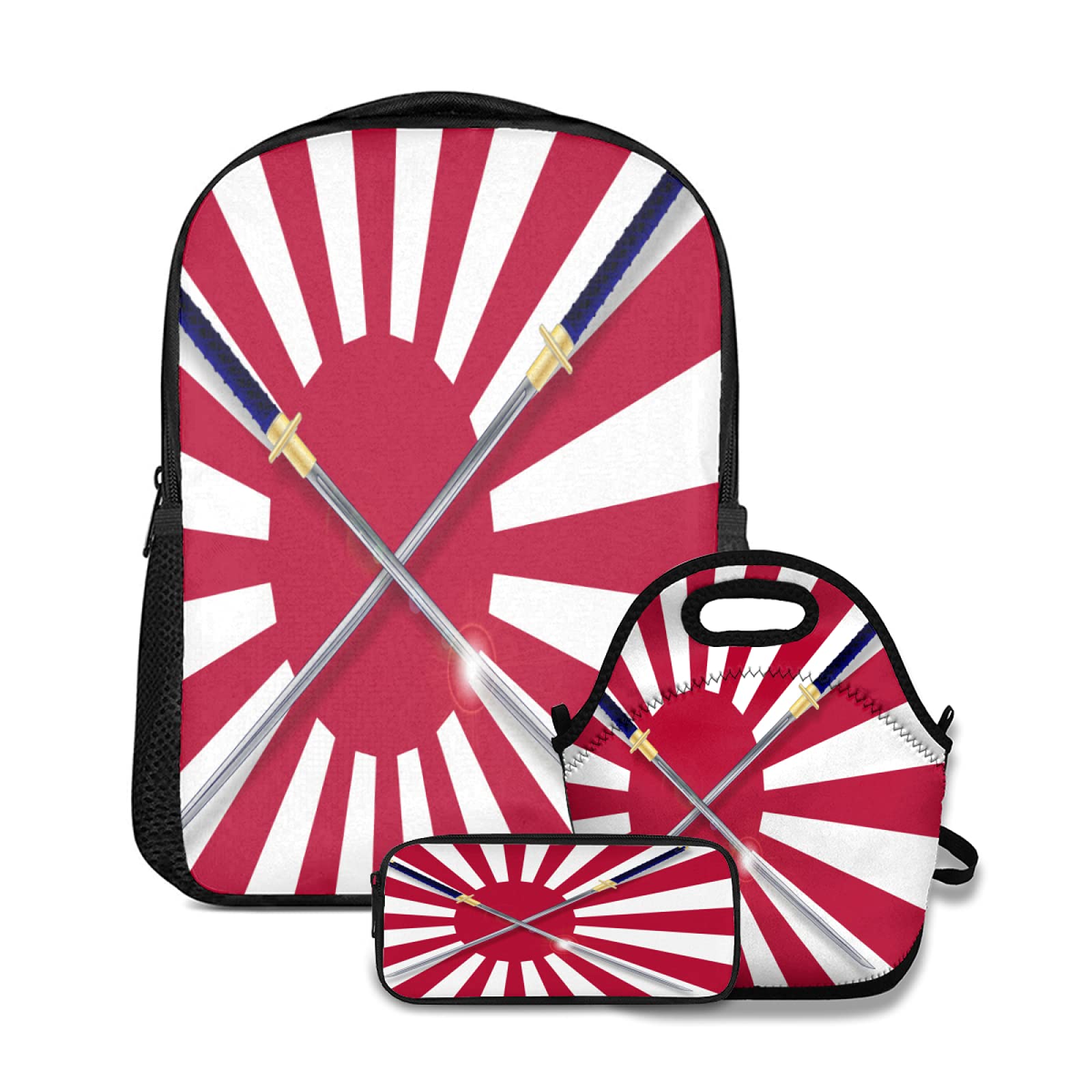 Backpack Lunch tote Bag and Pencil Case 3pc set Rising Sun Inspired Japanese Flag Two Long Symbolic 