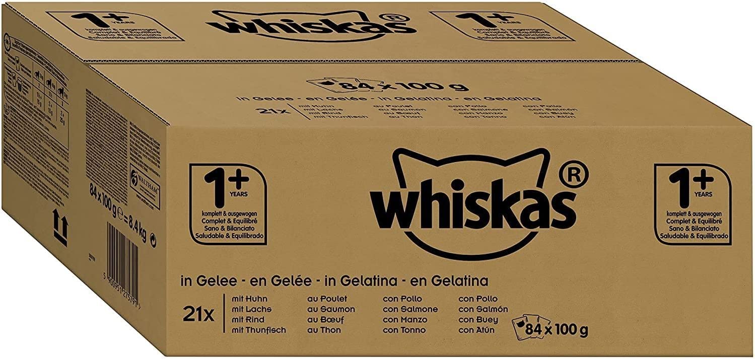 Whiskas Katzenfutter 1+ für erwachsene, verschiedene Sorten, 84 Portionsbeutel (84 x 100 g)