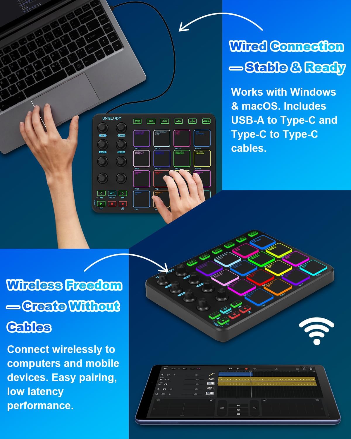JP-1 MIDI Pad Controller with Wireless Connection, 16 RGB Beat Pads for Music Production, Portable Beat Maker for Beginners, Finger Drumming, Sampling, Looping on Laptop, Tablet, Phone