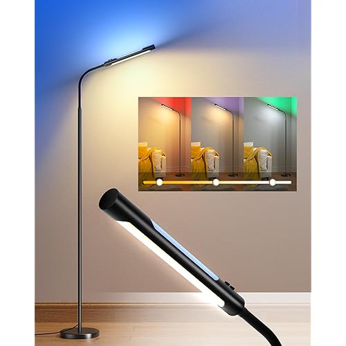 SUPERDANNY Double Side LED Floor Lamp, RGB Atmosphere & Dimmable Bright Light with 3000K-4000K-6500K Color Temps, Adjustable Gooseneck, Standing Modern Lamp for Reading, Living Room, Bedroom, Office