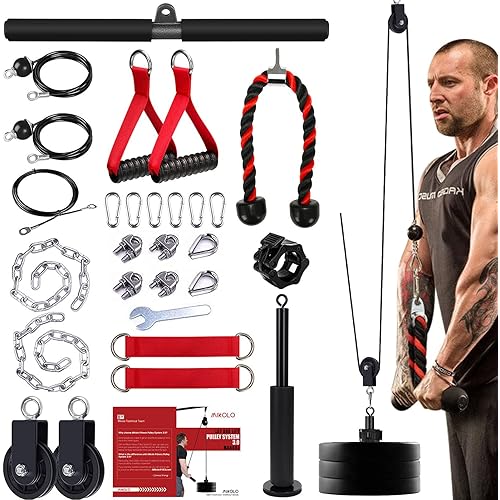 Mikolo Upgraded Weight Cable Pulley System Gym, LAT and Lift Pulley System, Cable Pulley Attachments with Adjustable Length Cable for Full Body Training, Home Gym Pulley System Set, 2023 Version