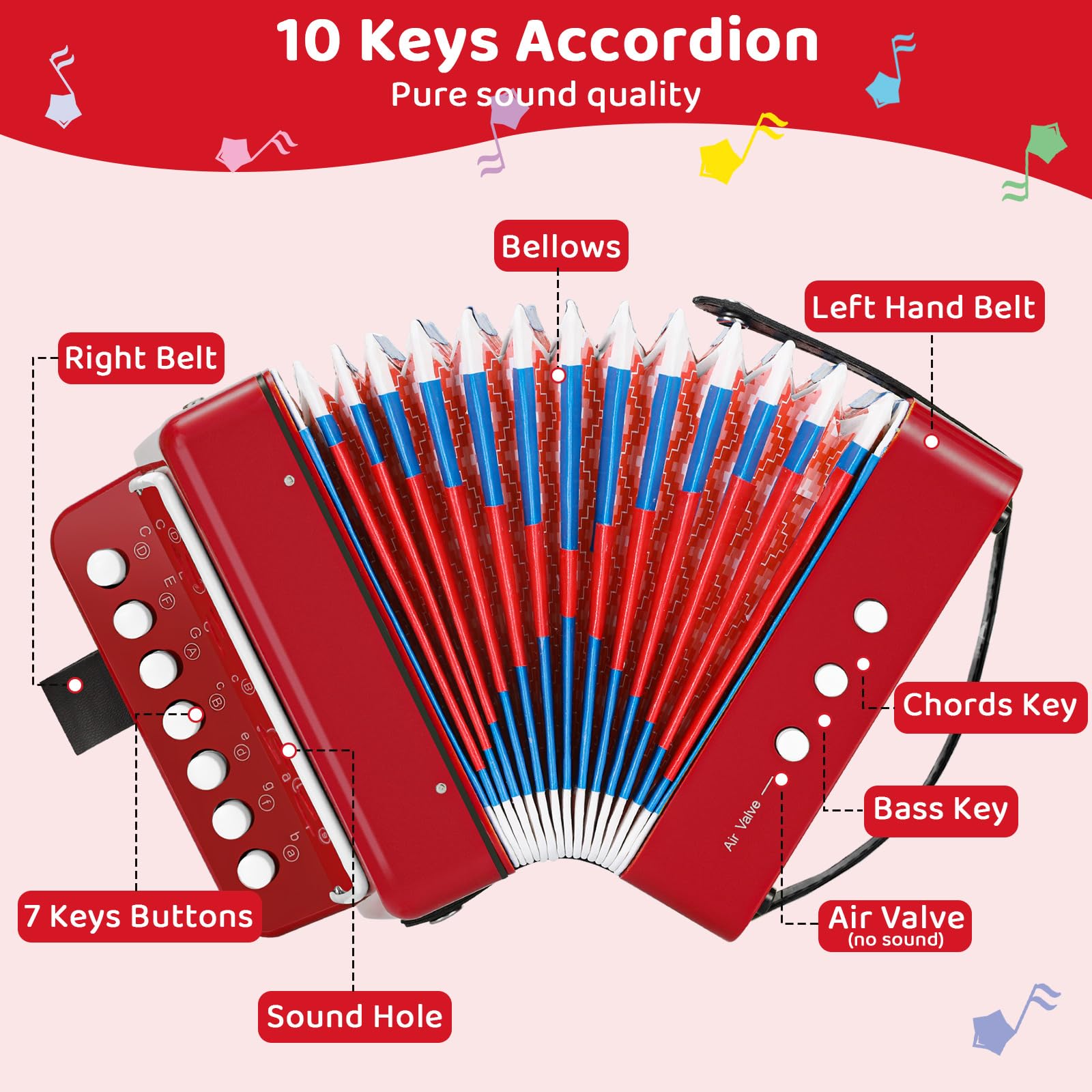 Acordeon Niño, Acordeón Infantil de 10 Teclas con Correas, Instrumento Musical de Acordeón Regalo para Principiantes, Instrumento Musical Acordeón para Niños de Más de 3 Años, Rojo