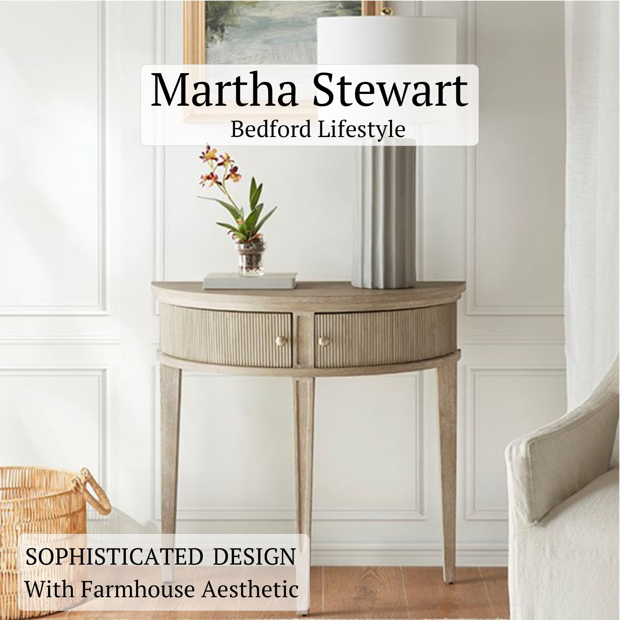 Martha Stewart Crestview Hall Console Table for Entryway with Storage, Solid Rubber Wood Frame, Vintage Demilune Shape, Bronze Knobs, Farmhouse Living Room Furniture Décor, 36" Wide Reclaimed Greige
