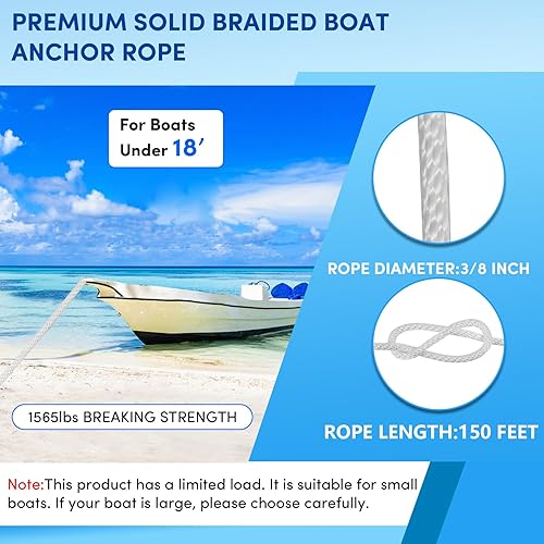 Vista 84 de Cuerda de anclaje premium de 100 pies x 3/8 pulgadas, cuerda marina de línea de anclaje MFP trenzada sólida con dedal y grillete, color negro
