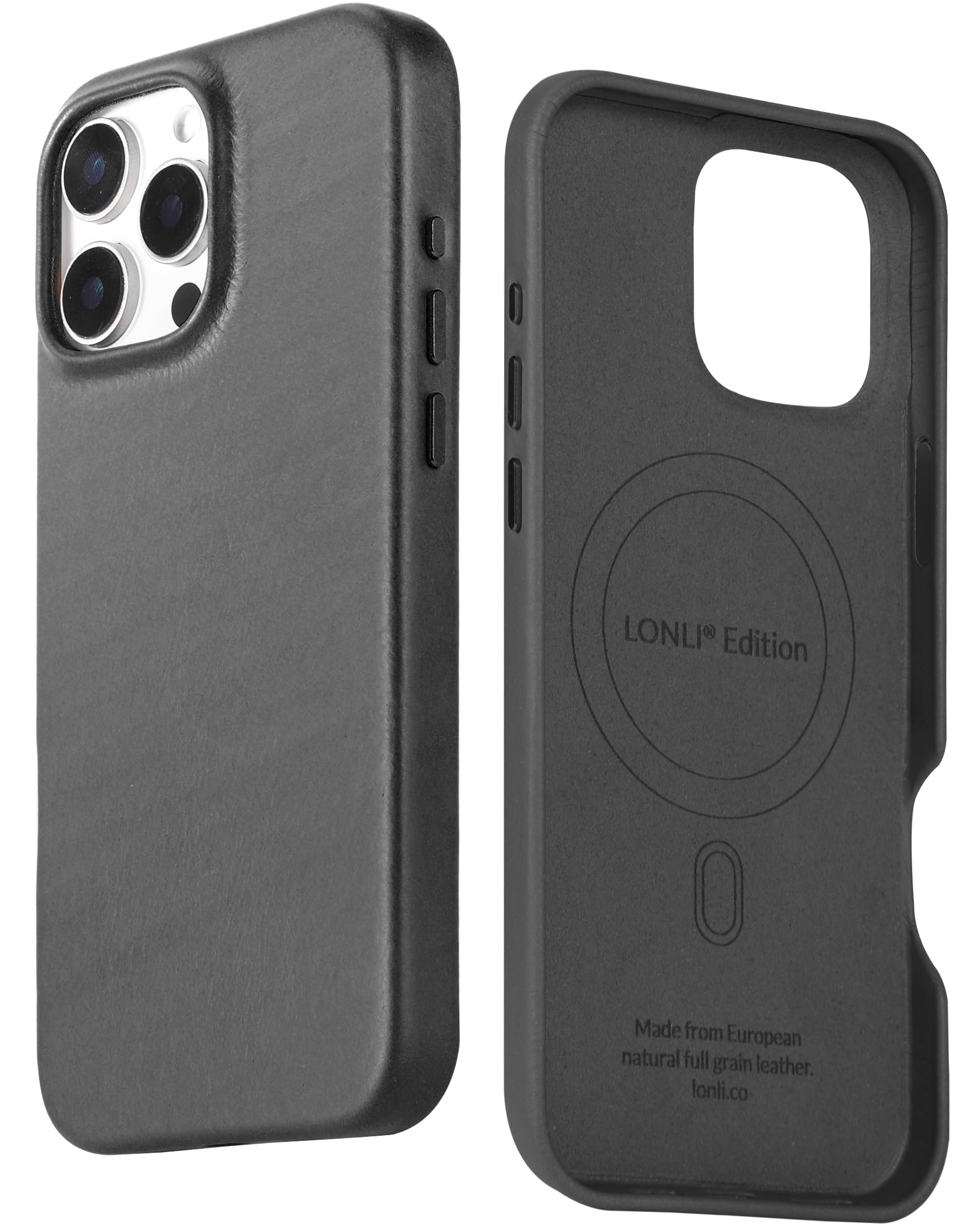 LONLI Edition | Italian Leather - for iPhone 16 Pro - Premium Italian Full Grain Leather Phone Case - Develop Unique Patina - Black Ink