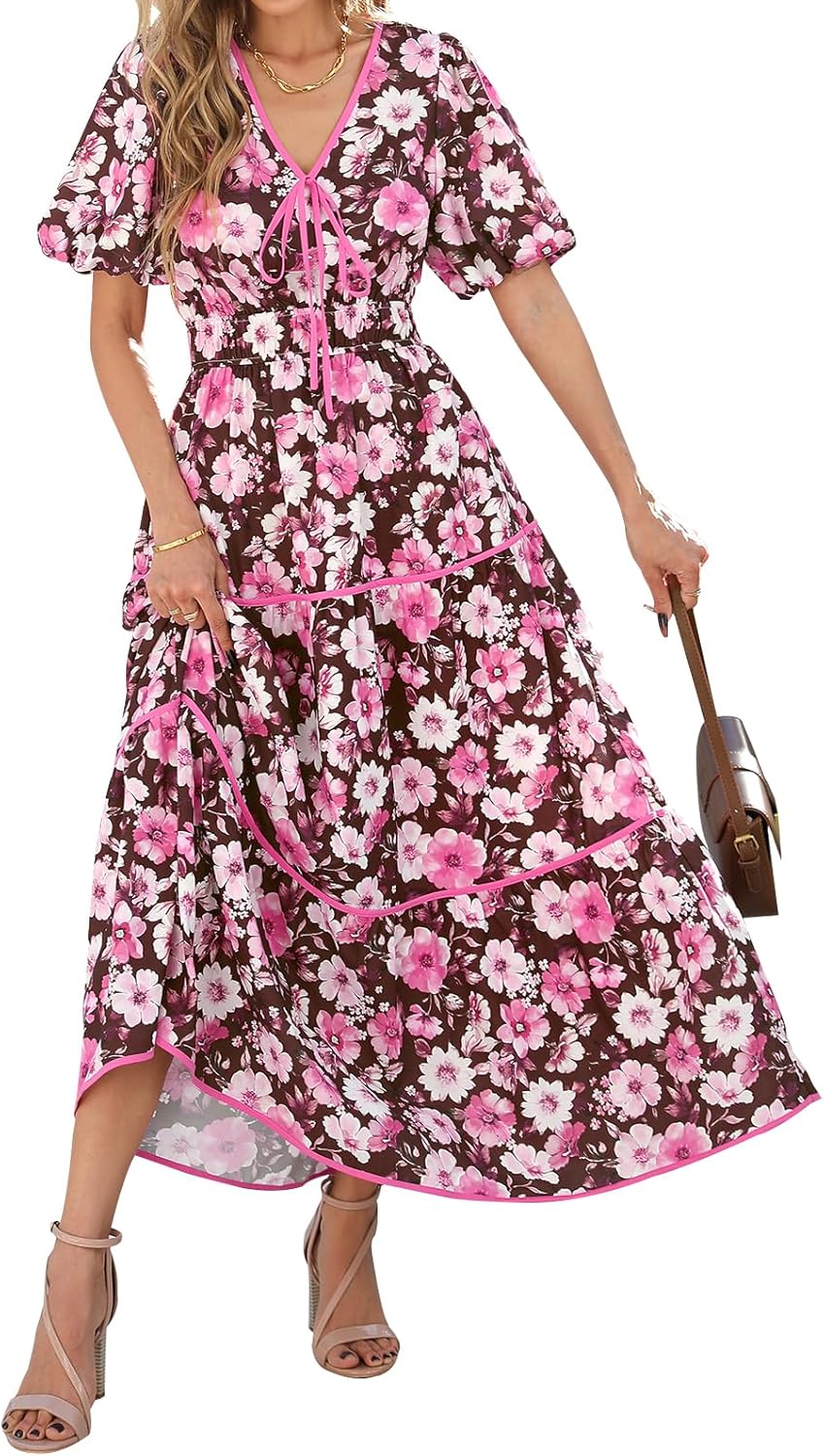 PRETTYGARDEN Women Summer Boho Maxi Dresses 2025 V Neck Puff Short Sleeve A-Line Flowy Tiered Floral Wedding Guest Dress