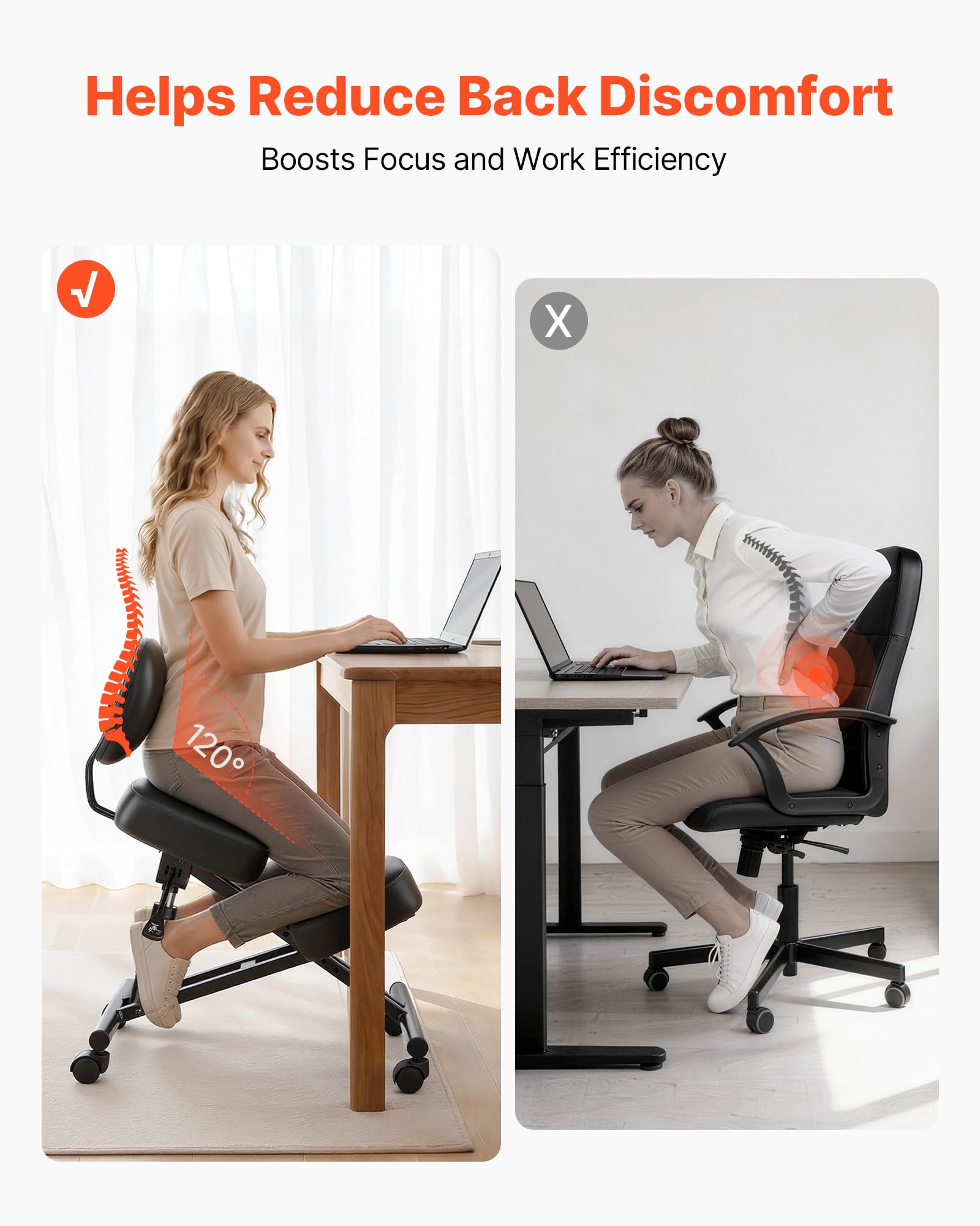 VEVOR Ergonomischer Kniestuhl mit Rollen & Rückenlehne, Höhenverstellbarer Kniehocker in X-Form mit Dicken Schaumstoffpolstern, zur Entlastung von Nacken & Rücken, für Zuhause, Büro & Meditation
