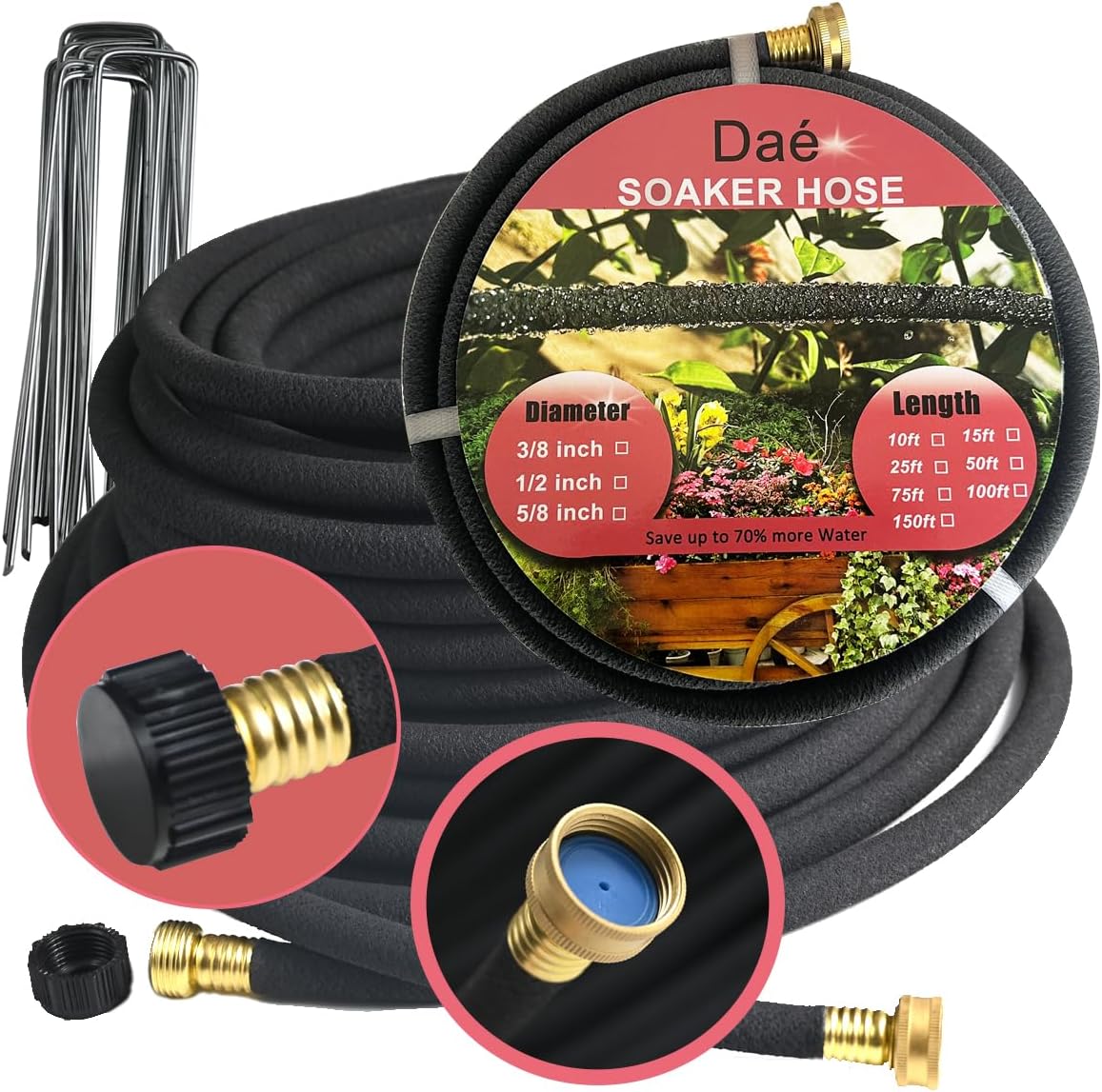 Daé Rubber Soaker Hose, 1/2 inch, 50ft Garden Hose for Irrigation,Water-Saving up to 70%, Brass Connector Leak-Proof, Heavy-duty Hose, Watering for Trees,Lawns, Vegetables and Flowers.