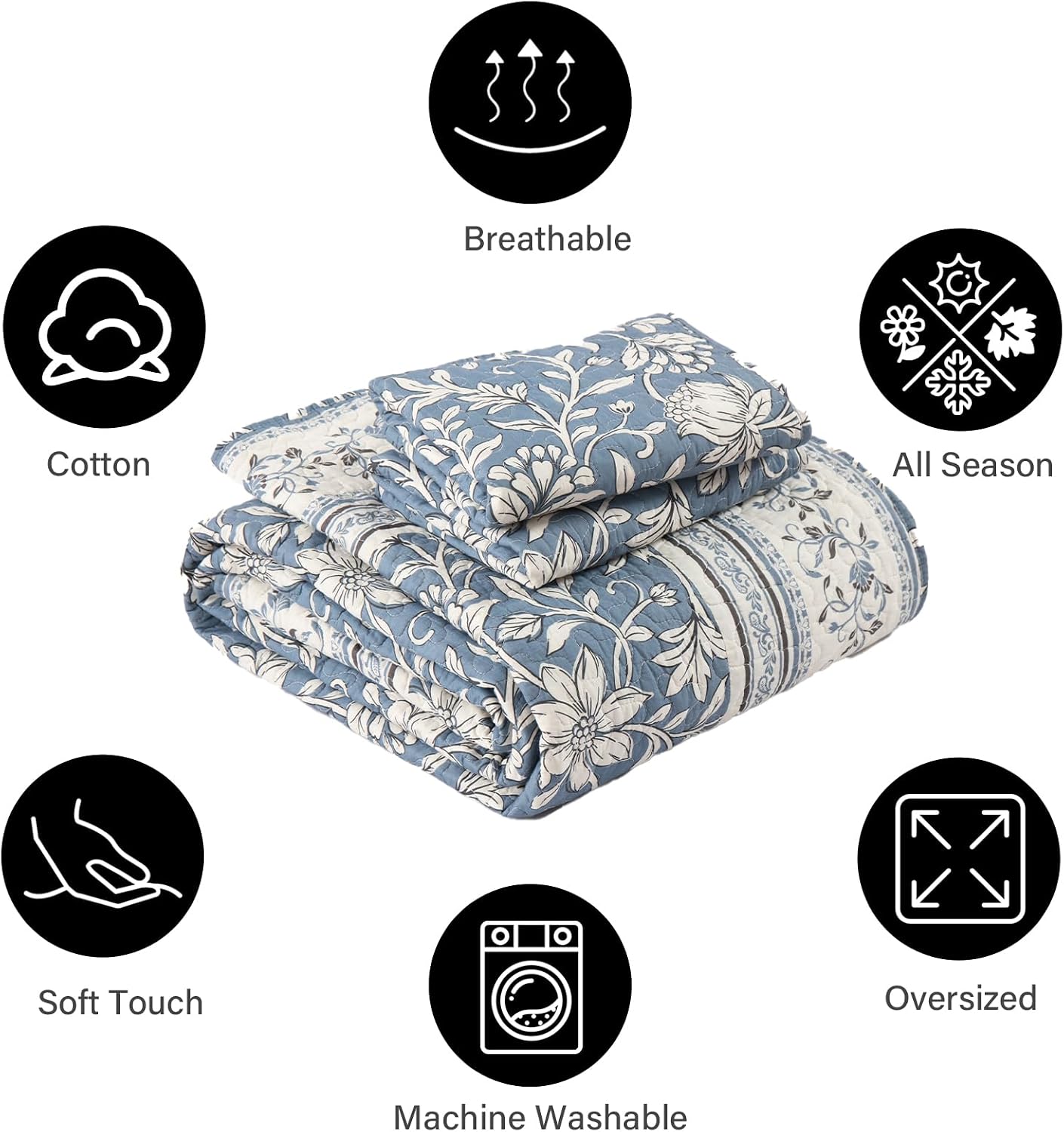 PANGUSHAN Quilt Set King Size - 100% Cotton King Comforter Set, Floral Vintage Bedspread with 2 Pillow Shams, Reversible Lightweight Bedding, King Bed Spread for All Season, Grayish-Blue/White