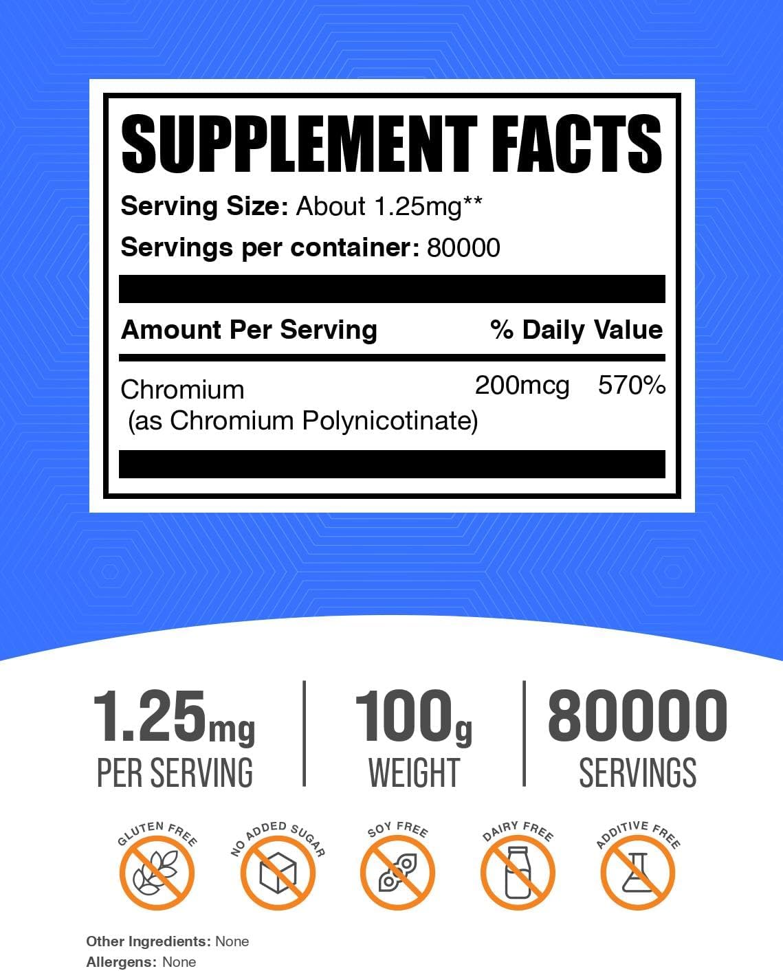 BulkSupplements.com Chromium GTF Powder - Chromium Polynicotinate - Gluten Free & Yeast Free, 1.25mg per Serving (200mcg), 100g (3.5 oz) (Pack of 1)