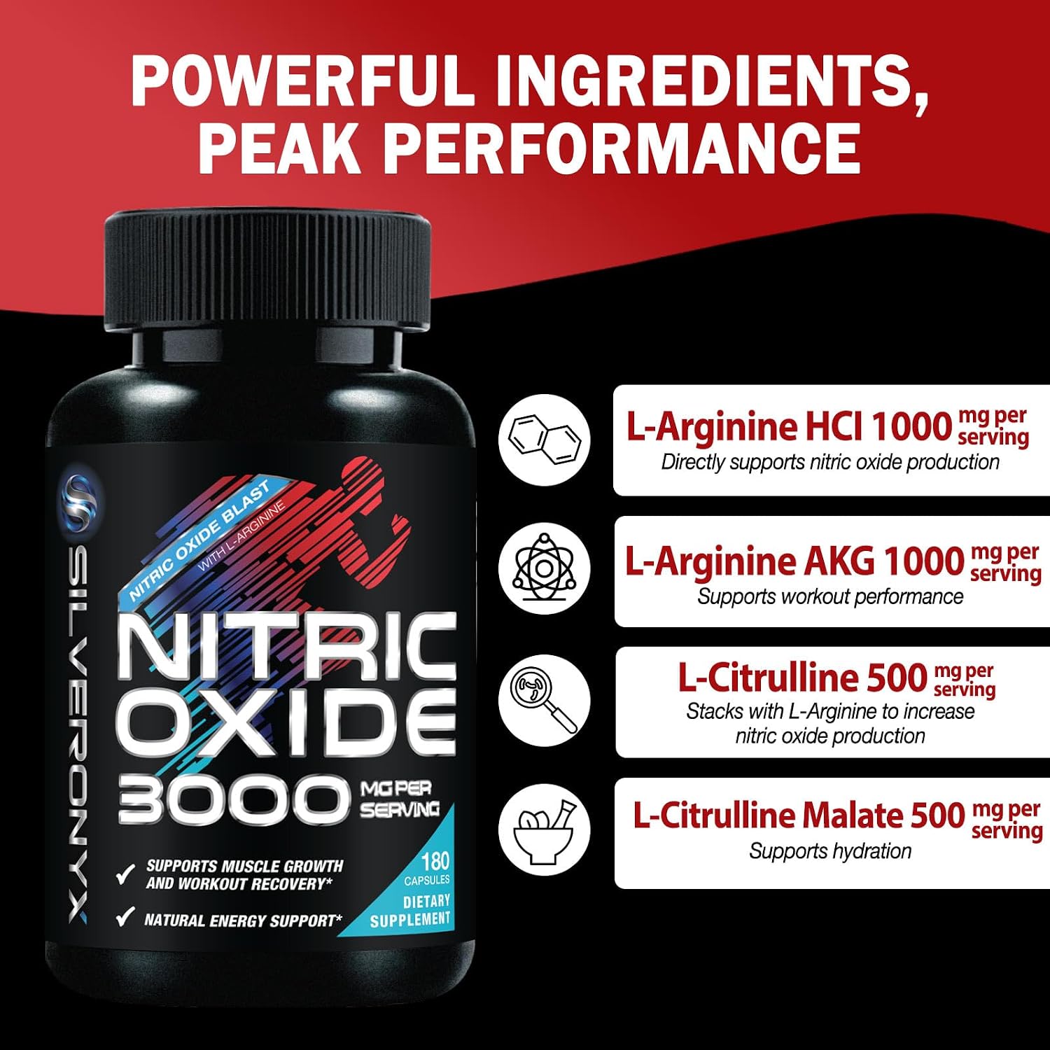 Extra Strength Nitric Oxide Booster - 3X Strength L-Arginine AKG & Citrulline Malate - Men & Women Premium Pre Workout Nitric Booster - Natural Energy & Muscle Support, Bottled in USA - 180 Capsules