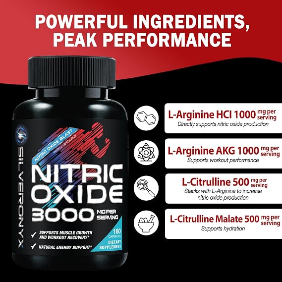 Nitric Oxide Supplement 3000mg Blend - 3X Strength L-Arginine & L-Citrulline - Complete Pre Workout Nitric Booster - Natural Energy & Muscle Support for Men & Women - Bottled in USA - 180 Capsules