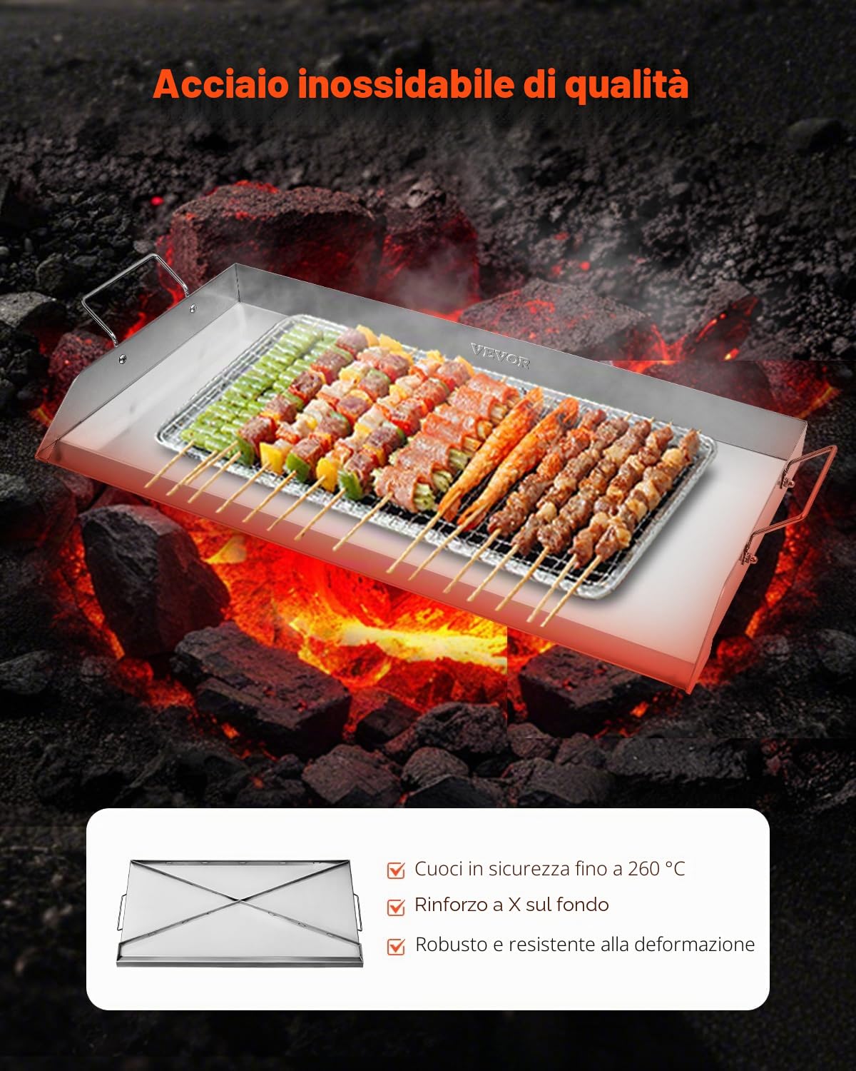 VEVOR Piastra in Acciaio Inox, Piastra Rettangolare Universale da 809x370 mm, Piastra a Gas, Pentole da Fornello Portatili per Famiglie con Manico, per Campeggio, Festa, Picnic, Eventi da Esterno