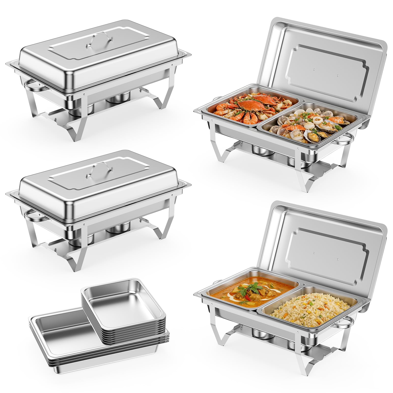 Chafing Dish Profi Set 4er Pack, rechteckiger Speisewärmer aus Edelstahl mit 2 halben Behältern pro Einheit, Buffetwärmer für Catering, Party & Event – 55x35x8,3 cm (4)