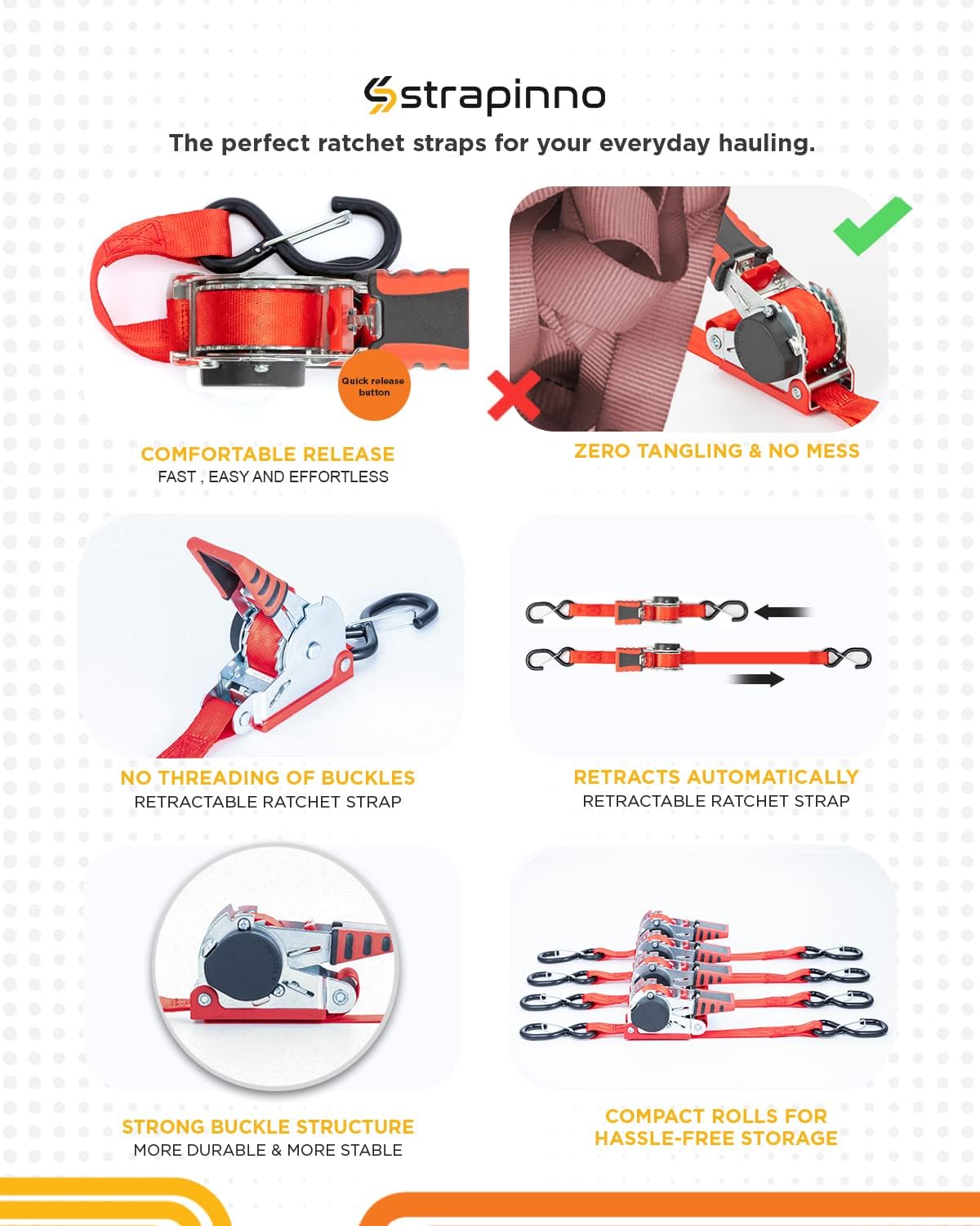 Strapinno Retractable Ratchet Straps 1 in x 10 ft, Secure Tie-Downs with Rubber-Coated Handles & S-Hooks, For Moving Motorcycle, Bike, Kayak, Cargo & Daily Use- Breaking Strength 1,500LBS/680KG (4PCS)