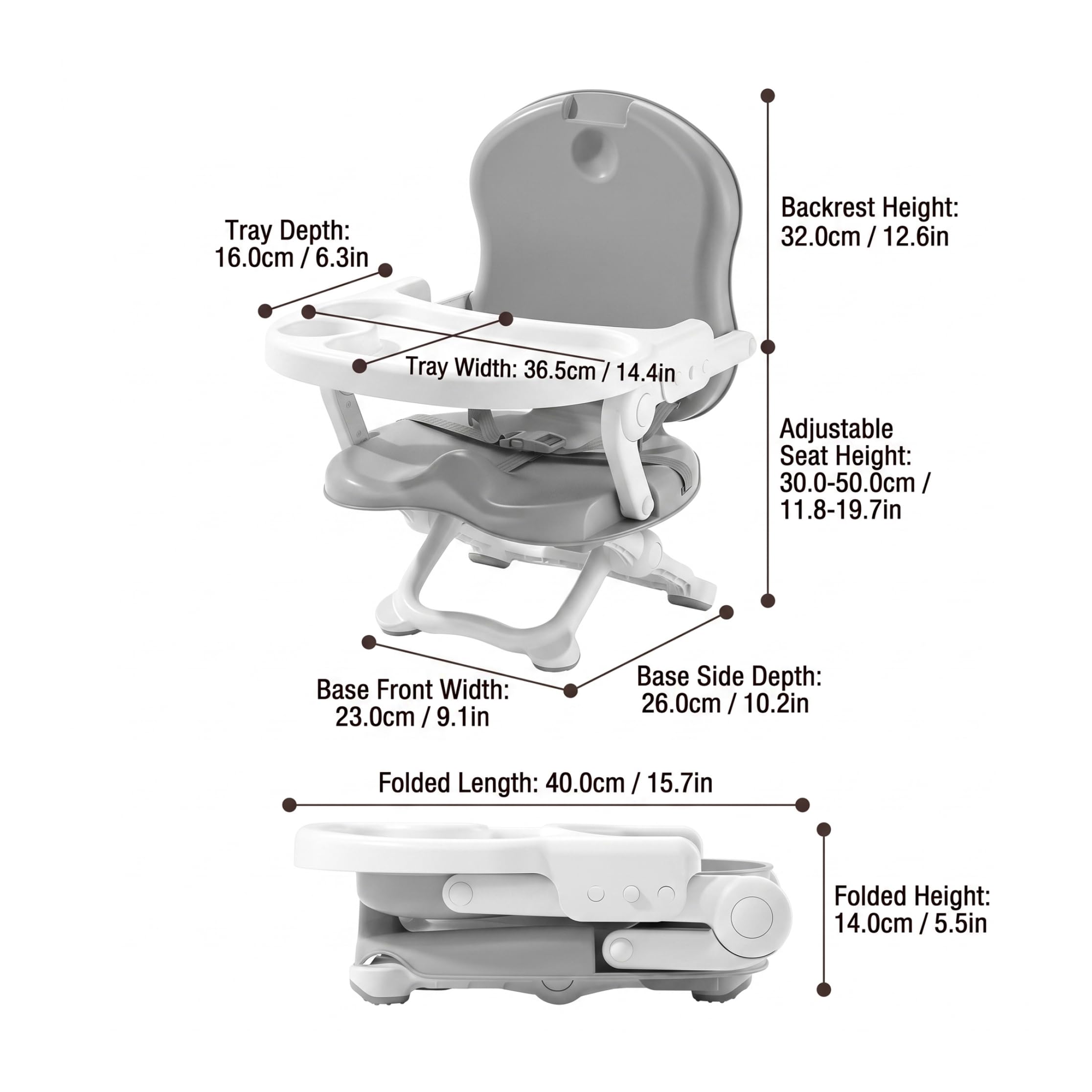 Chaise haute portable pliable rehausseur gris | Pliable pour les voyages, deux plateaux en plastique, adapté aux tout-petits, idéal pour une utilisation en extérieur