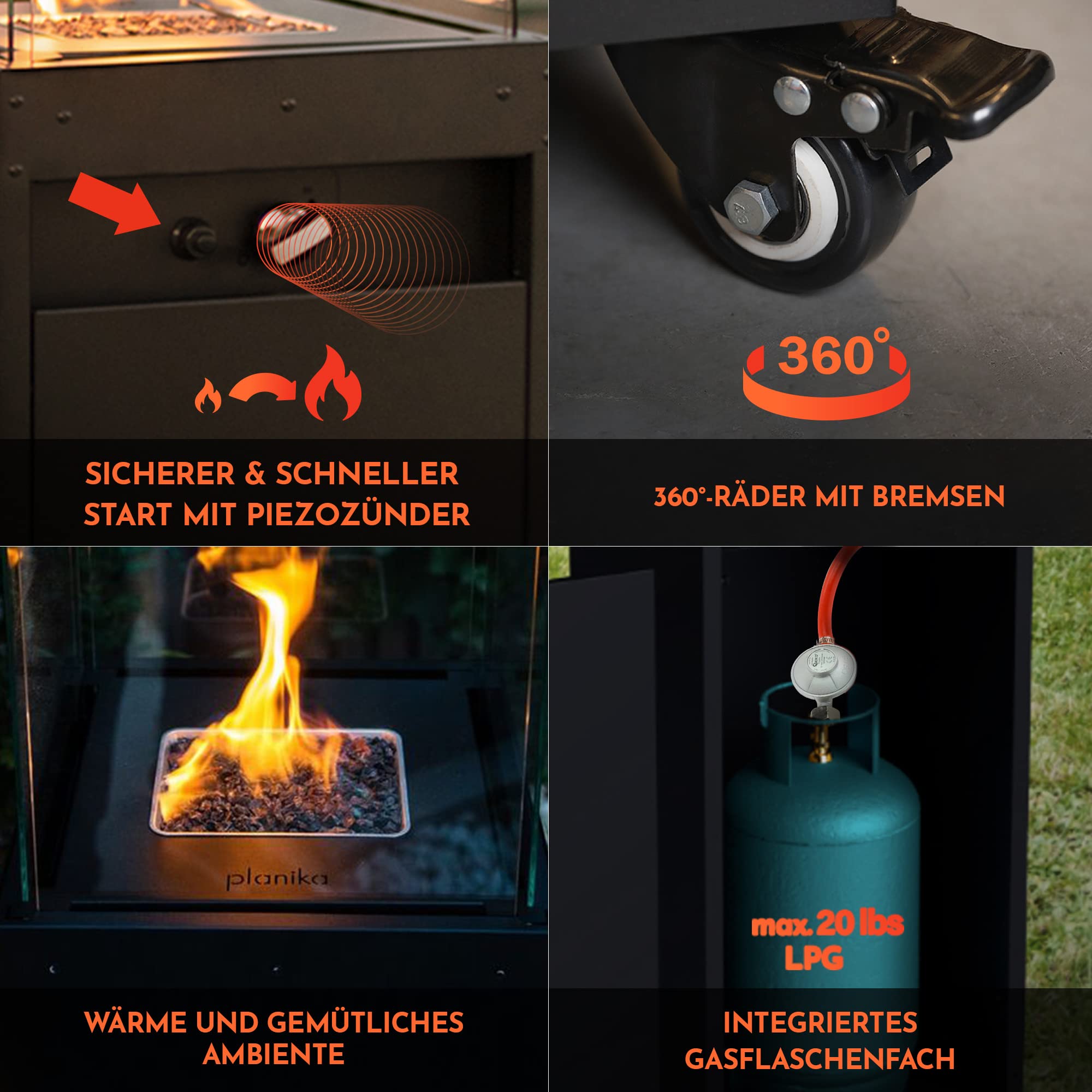 Planika - Faro - Gartenkamin Aussenkamin Terrasse Balkon Kamin Feuerstelle Outdoor Terrassenkamin Gaskamin Kamin Outdoor - bis zu 8 kW - Angetrieben Durch LPG - Eingebaute Rollen - Brenndauer 55 Std