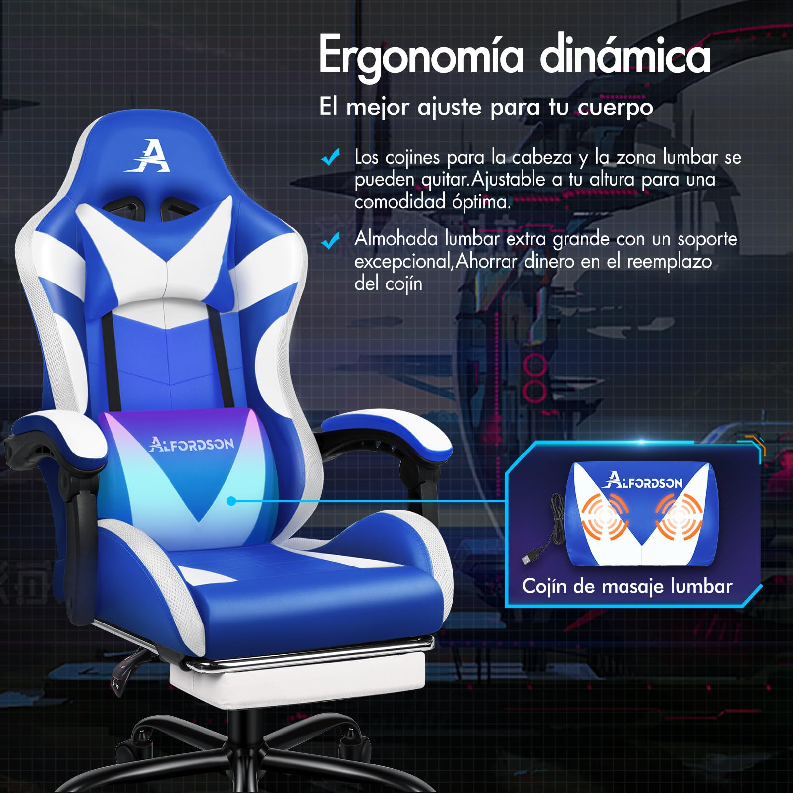 ALFORDSON Silla Gaming con masajeador y LED, Silla ejecutiva ergonómica de Oficina con reposapiés, Sillas Gamer para Oficina y Juegos con Iluminación RGB, Polipiel, Azul y Blanco