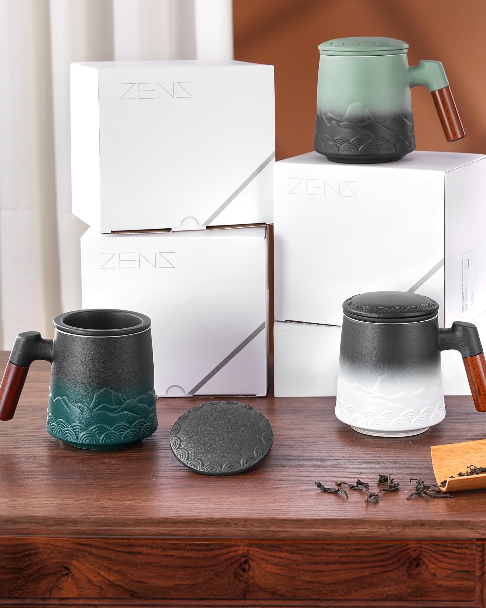 ZENS Taza de té con infusor y tapa, 500 ml - Taza de cerámica con relieve para té de hojas, mango de madera - Taza con filtro para amantes del té, blanco y negro