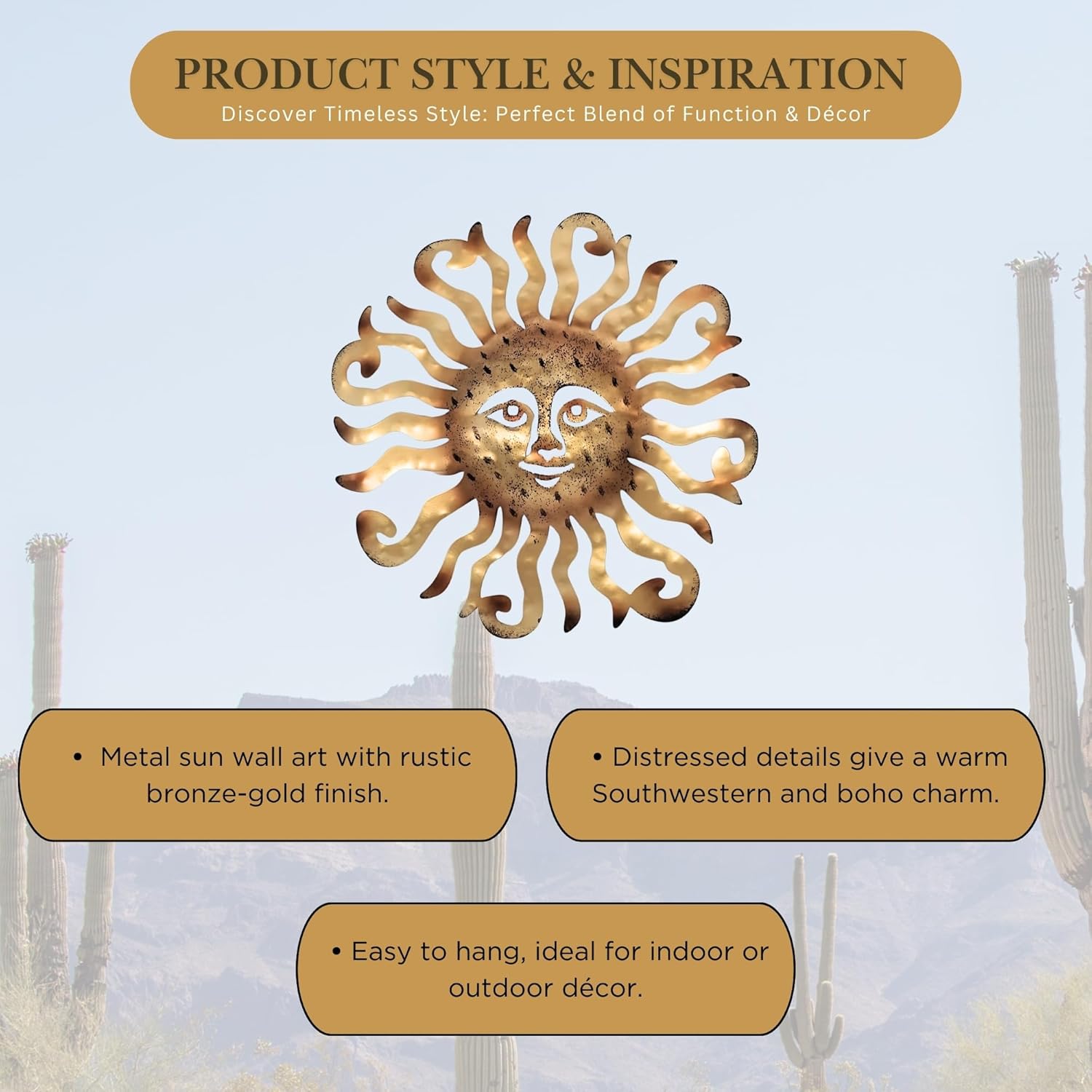 Metal Sun Wall Hanging Decor – Golden Sun Face Decoration for Indoor & Outdoor – Rustic Southwestern Style Home, Garden, Porch, Patio, Yard – Decorative and Unique Gift for Housewarmings or Holidays