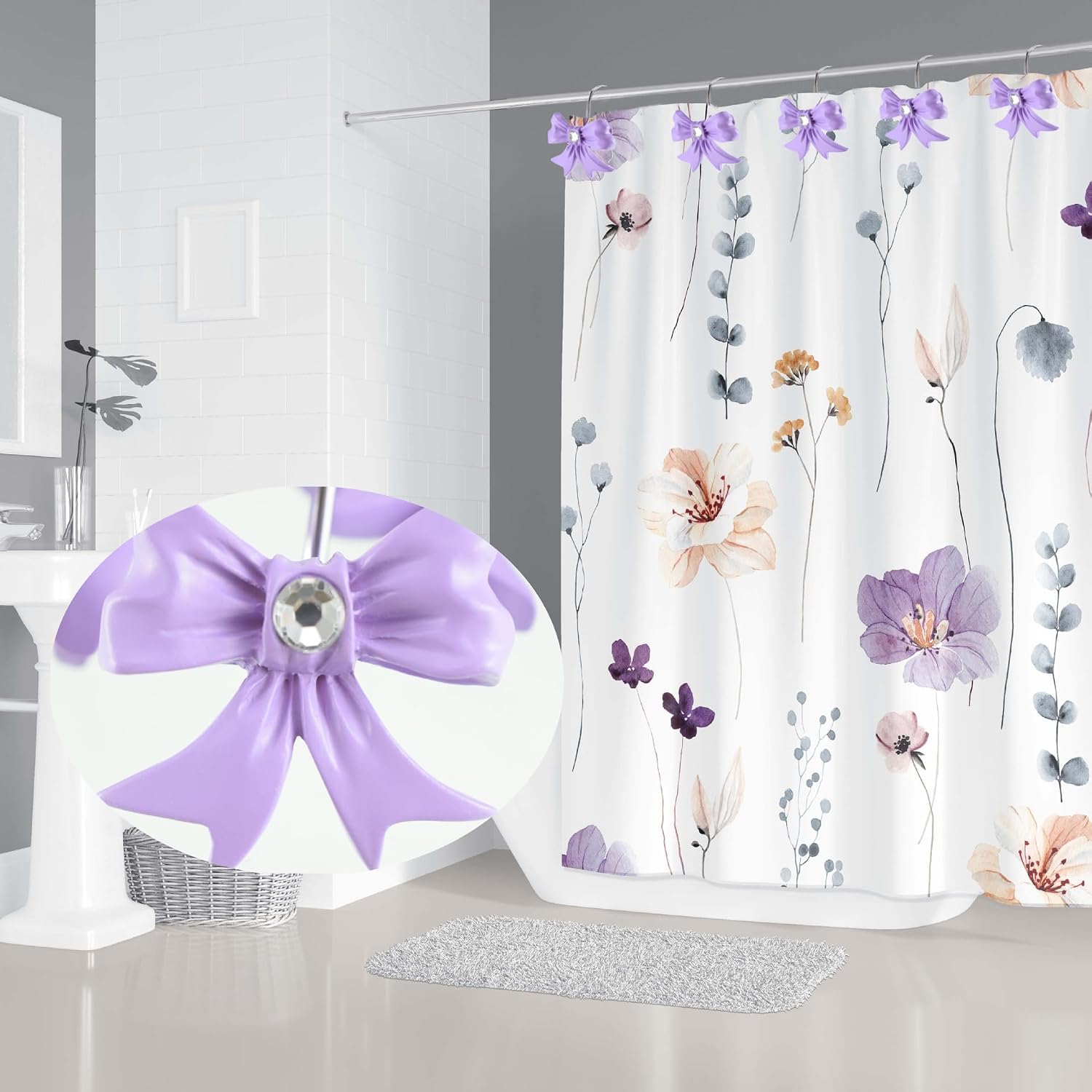Shower Curtain Hooks,12pcs Purple Decorative Bow Knot Shower Curtain Rings for Girl Bathroom Art Decors image 5