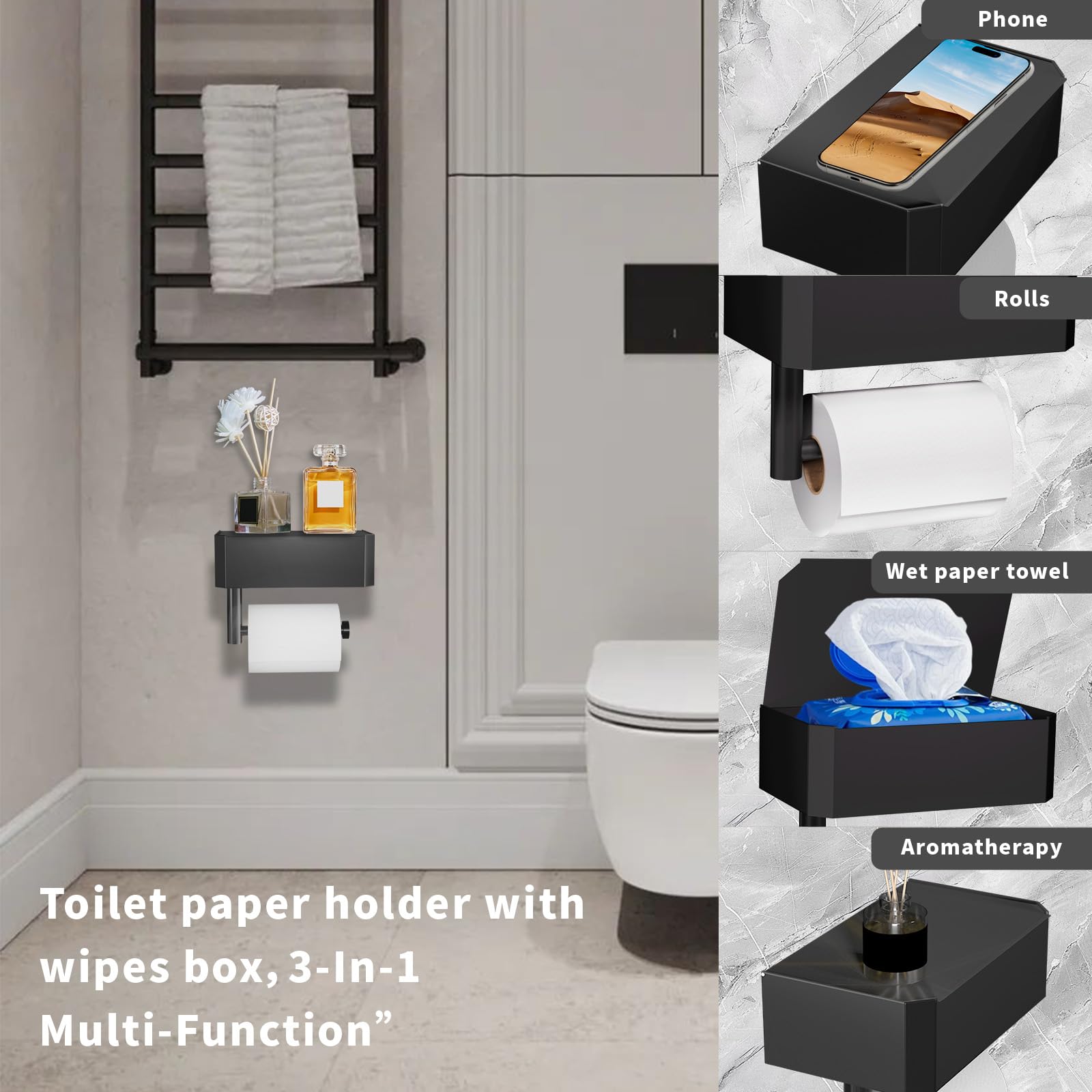 Porte Papier Toilette, Support Papier Toilette, Derouleur Papier WC, Derouleur Papier Toilette Murale, Porte Papier Toilette sans Percage (Noir)