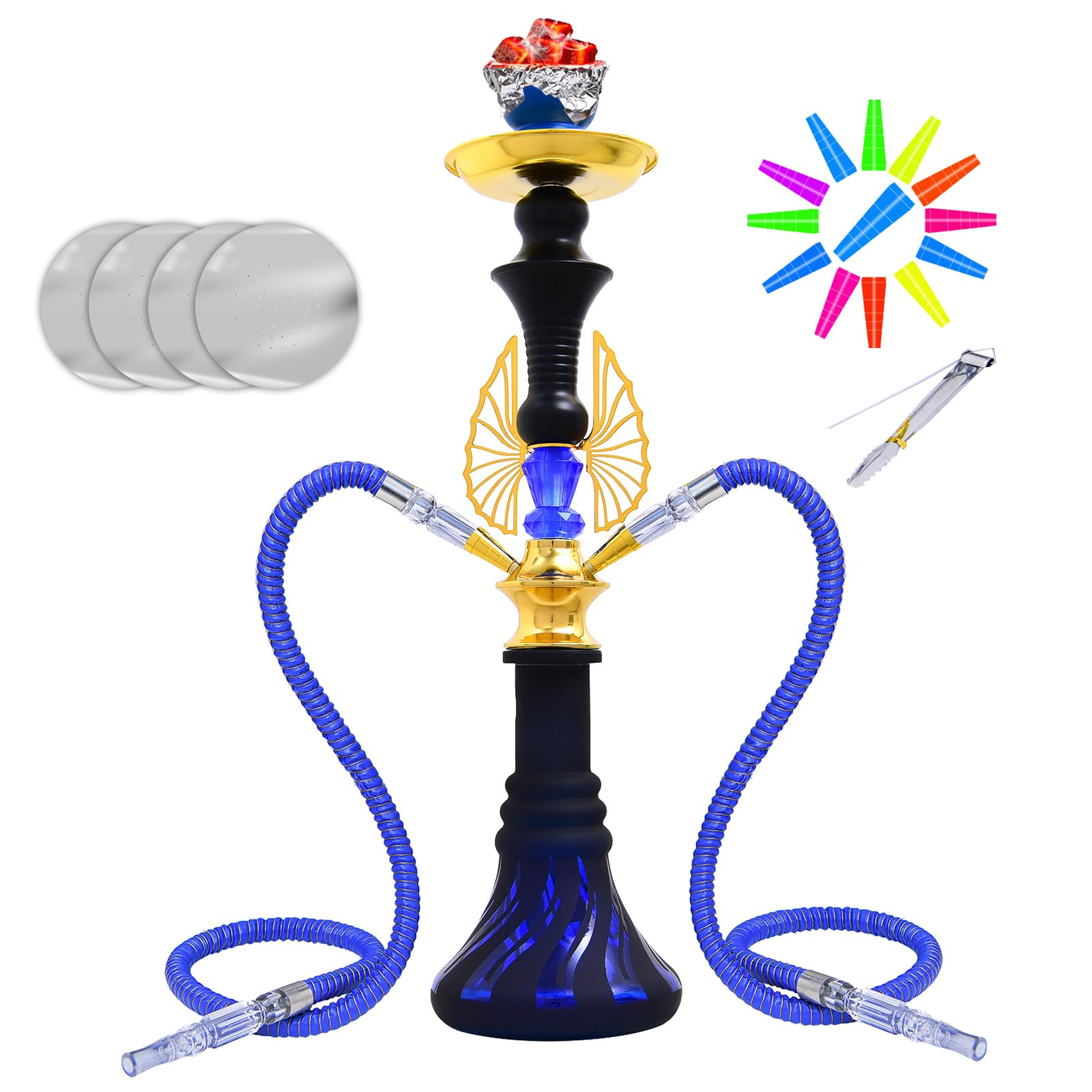 21 Elegant 2-Hose Hookah Set - Premium Kit with 20 Tips 50 Foils Case Stainless Steel Construction Blue