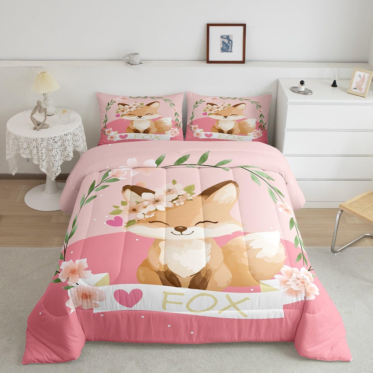 Feelyou Girls Cartoon Fox Comforter Set Cute Fox Bedding Set for Kids Boys Girls Kawaii Animal Duvet Set Botanical Floral Comforter 1 Comforter Set with 1 Pillowcase Twin Size