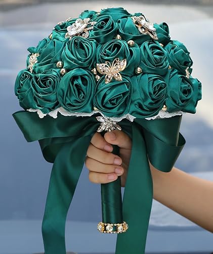 Miniatura 6 de Mini ramo de novia de 5.9 pulgadas hecho a mano de satén rosa redonda ramo de boda lanzamiento lanzamiento ramo de flores artificiales verde oscuro