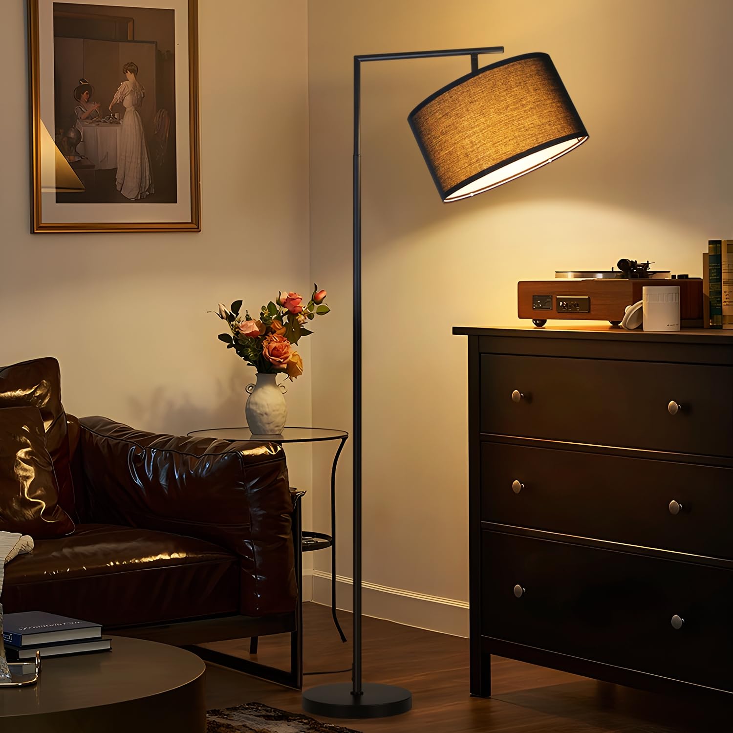 ZMH Stehlampe Wohnzimmer Stehleuchte Stoff - Schwarz 166cm Stoffschirm | Standleuchte Vintage Design Bogenlampe E27 Fassung mit Fußschalter Retro Standlampe für Schlafzimmer /Ohne Leuchtmittel