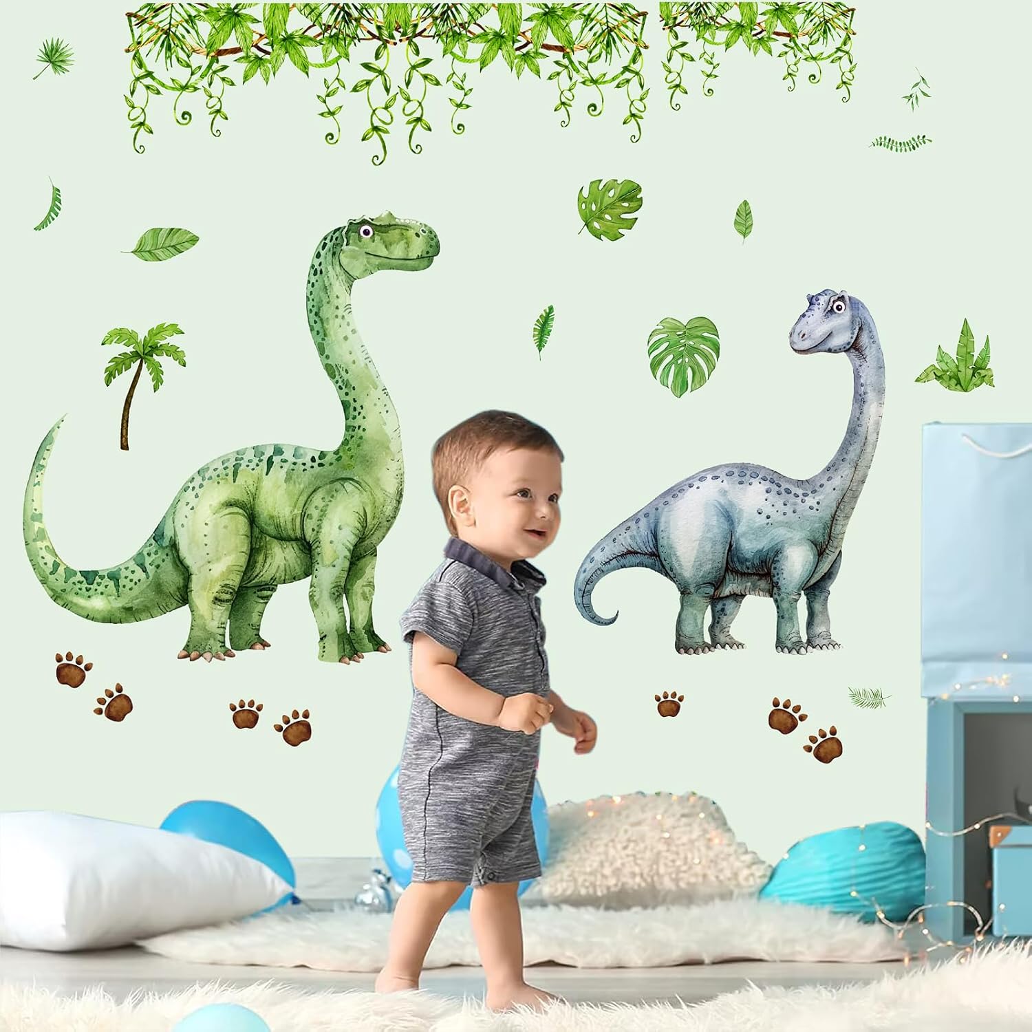 Large Dinosaur Wall Sticker Boys Room Wall Art Mural Tropical Leaves Decals | Watercolor dinosaur decal, peel and stick, removable vinyl, self adhesive, for boys bedroom playroom nursery dino party decor