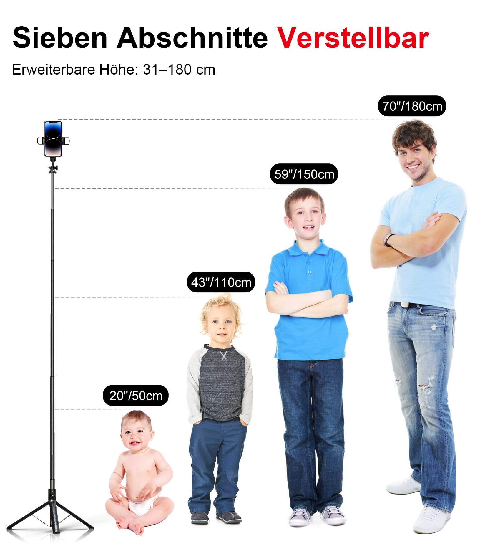 Selfie Stick Handy Stativ für Smartphone - ASHINER 180cm Hoher Handyhalter mit Fernbedienung und LED Fülllichtern für Reisen, Vlogging, Live-Streaming, Handyhalterung Kompatibel mit iPhone und Android