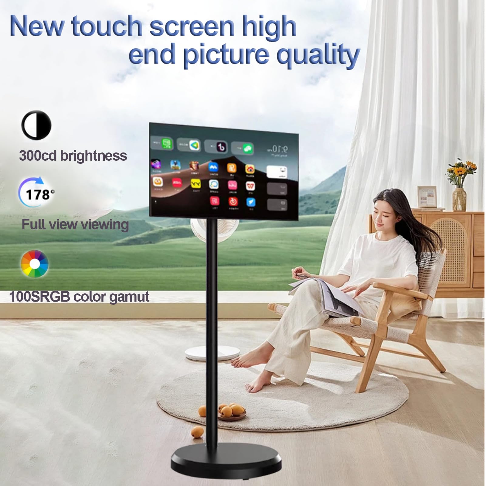 TV Portatile Mobile, Monitor Intelligente Portatile da 21.5 Pollici, Touchscreen Girevole con Telecamera, Smart TV Mobile da Pavimento, 128G/White