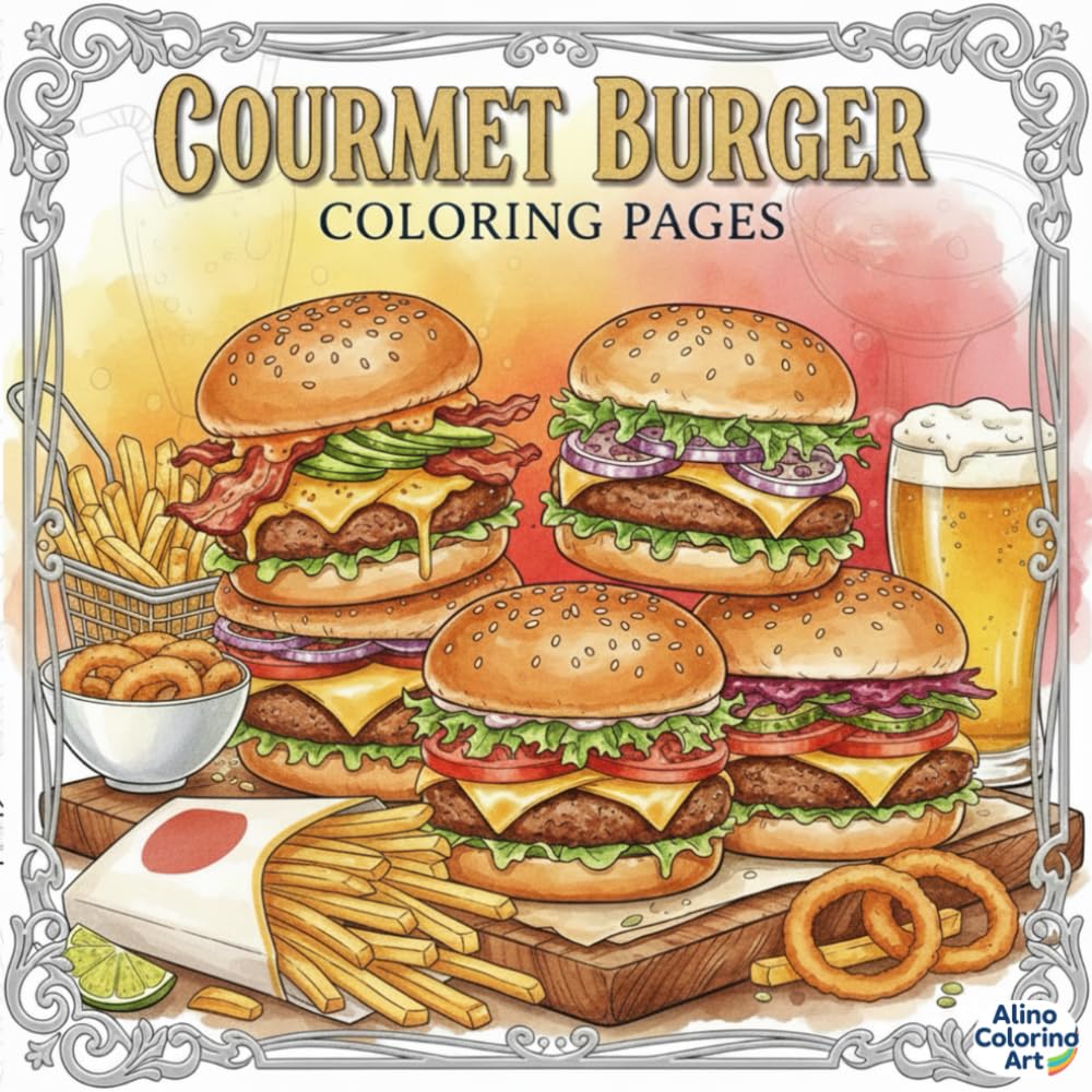 GOURMET BURGER COLORING PAGES: The Coloring Book That Will Make You Crave More: Highly Detailed Line Art Illustrations of Gourmet Burgers, Crispy Fries, and Sides for Relaxation and Creativity