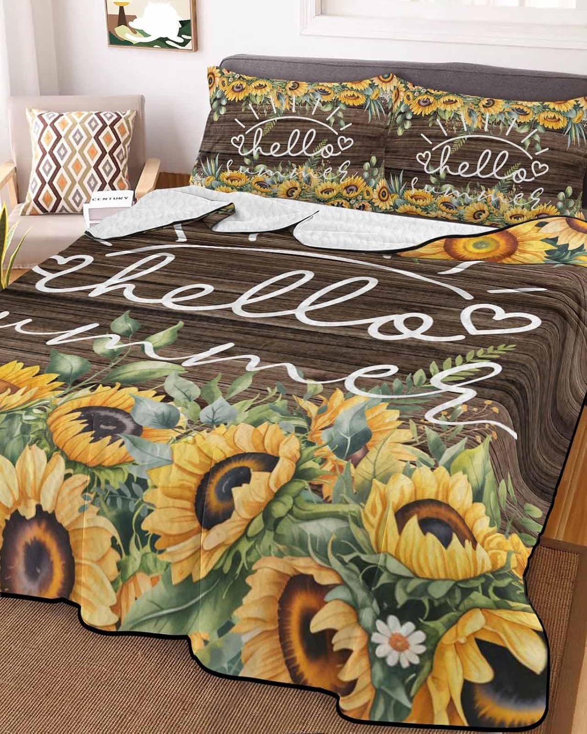 King Size Quilt Set, Hello Summer Words Lightweight Bedspread Coverlet Set Soft Microfiber Summer Quilt with 2 Pillow Shams, Watercolor Farm Sunflowers 3 Piece Comforter Bedding Set