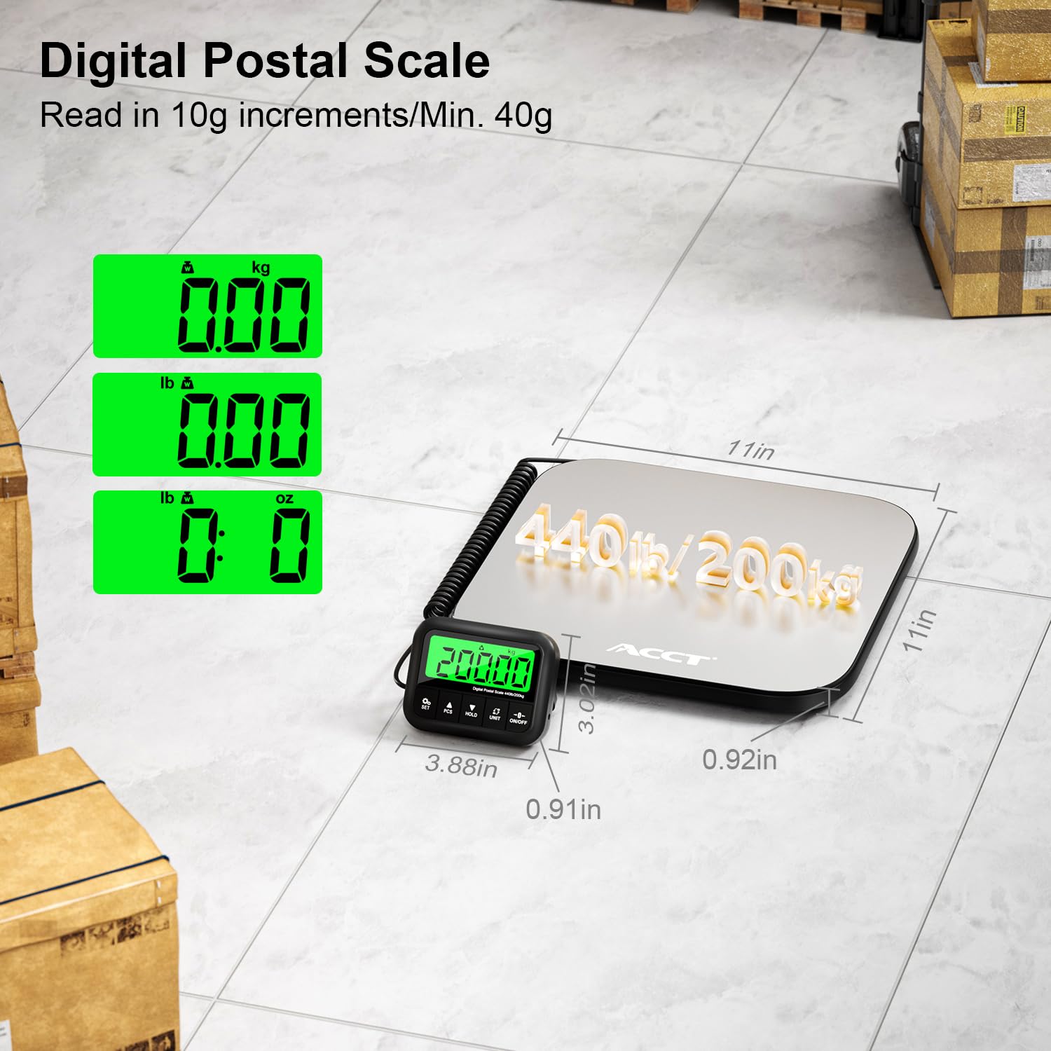 440lb Postal Scale - Industrial Shipping Scale with Stainless Steel Platform, Tare/Hold/Counting Function for Luggage, Package, Mail | lb/kg/lb:oz | Heavy Duty Scale with Battery & Charging Cable