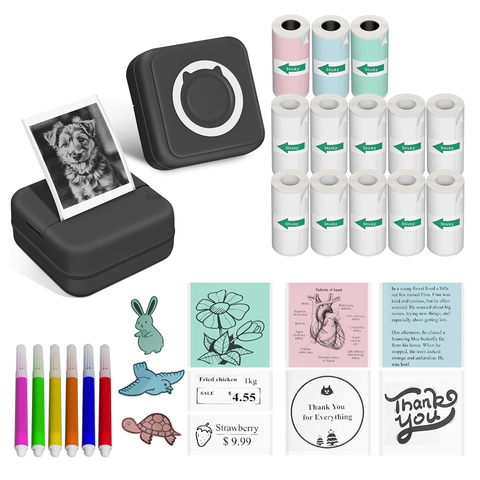 Aptika Sticker Printer - Print Pod Mini Printer with 14 Rolls Sticky Paper