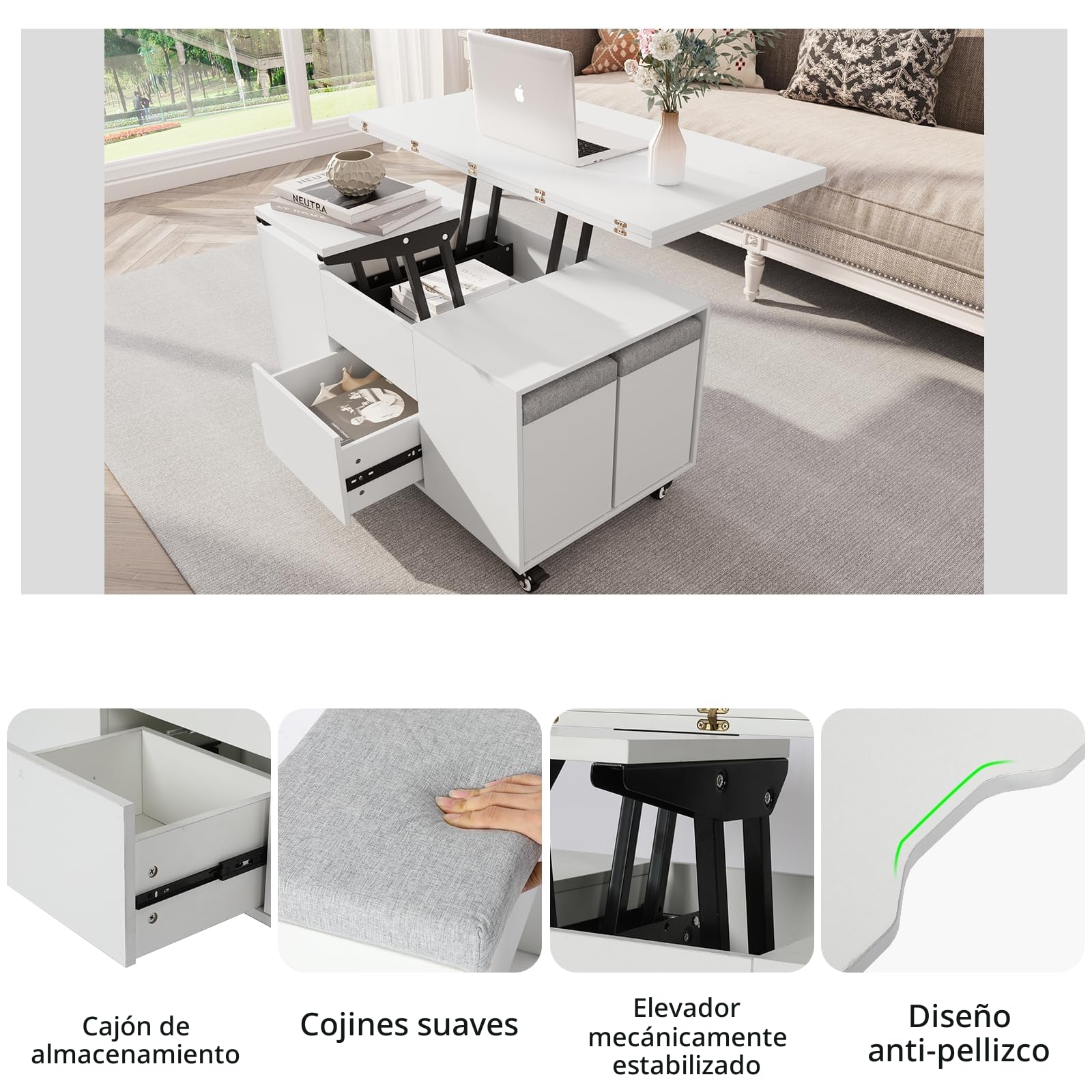 VOWNER Mesa de Centro Elevable, 4 en 1 Mesa de Salón Multifuncional, Mesa de Centro Convertible en Mesa de Comedor de Salón, 108L x 105P x 68H cm, con 4 Taburetes, (Blanco)