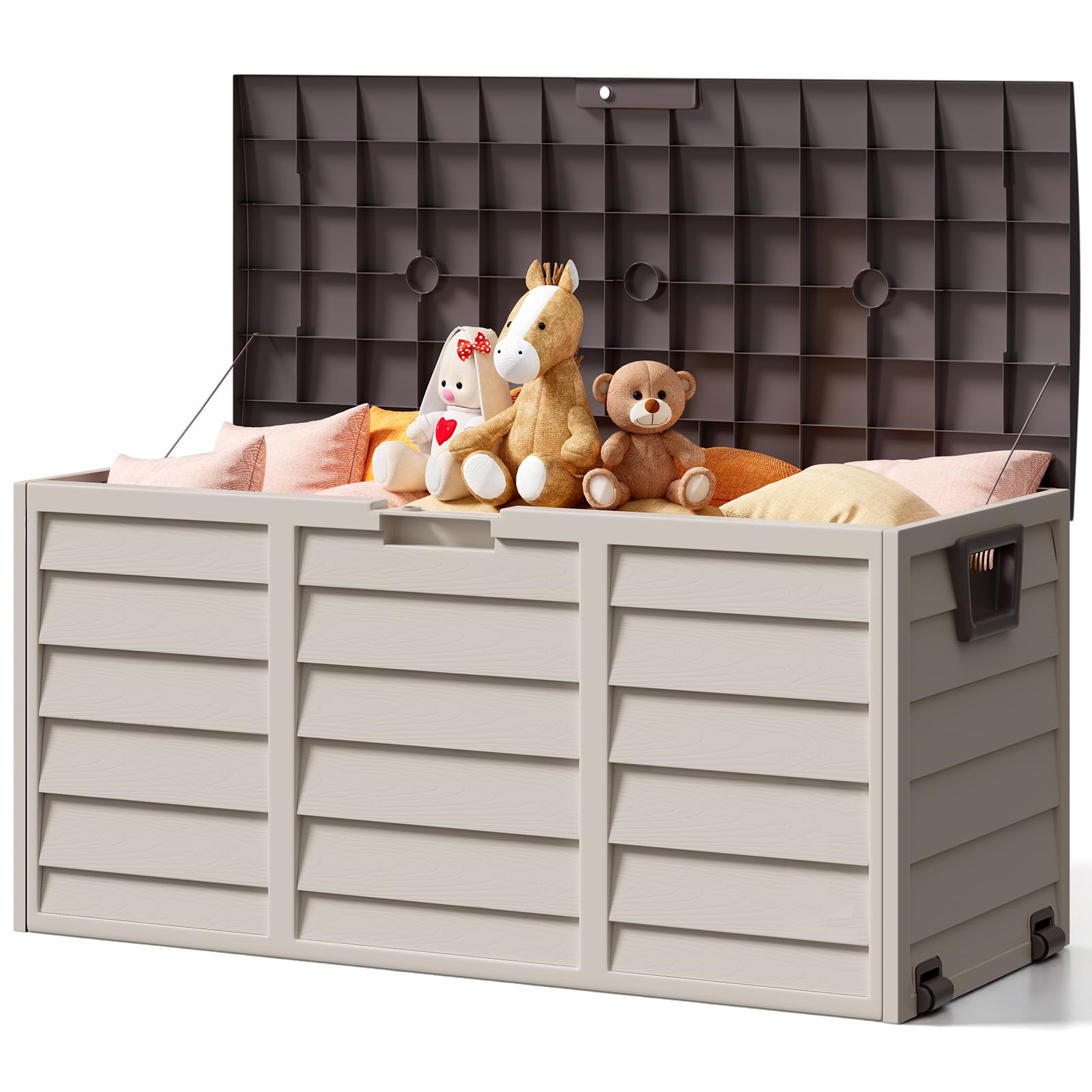 The Fellie Garden Storage Box with Wheels, 290L Lockable Garden Storage Boxes Waterproof, Plastic Outside Storage Box for Gardening Tools, Cushions, Toys, 112x49x54cm, Cream