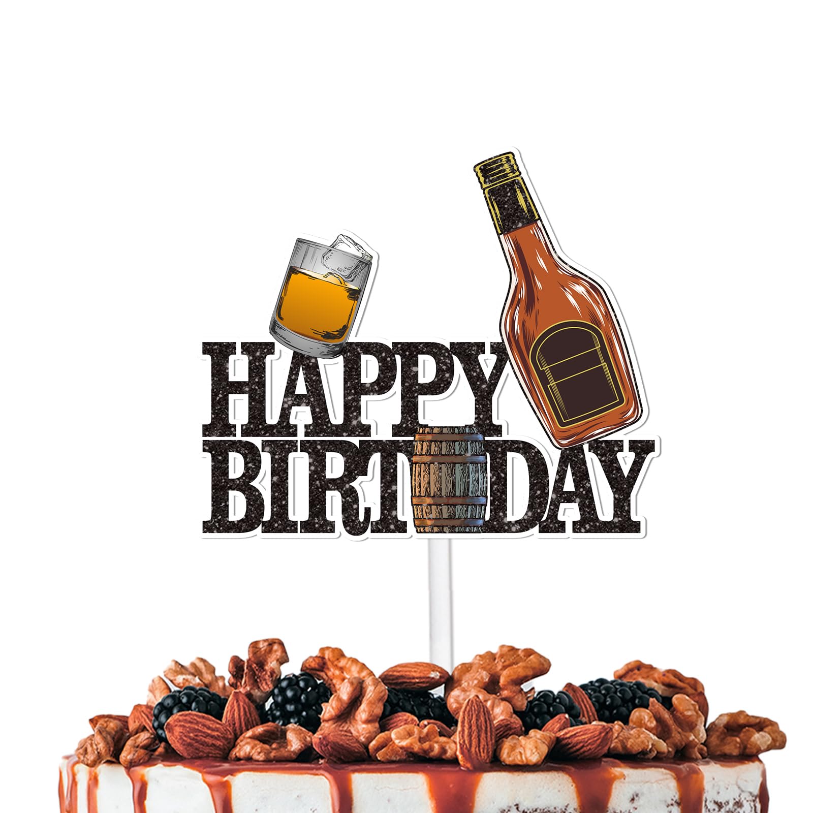 Black Glitter Happy Birthday Cake Topper Cheer to Whiskey Theme Party Decoration Supplies Men Women Happy Birthday Anniversary Wedding Party Decor