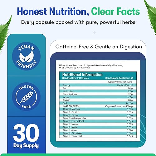 Miniatura 6 de Zyzven Naturals Suplemento de apoyo para el azúcar en la sangre  60 cápsulas veganas  Suplemento de hierbas con moringa, canela, jengibre, neem y