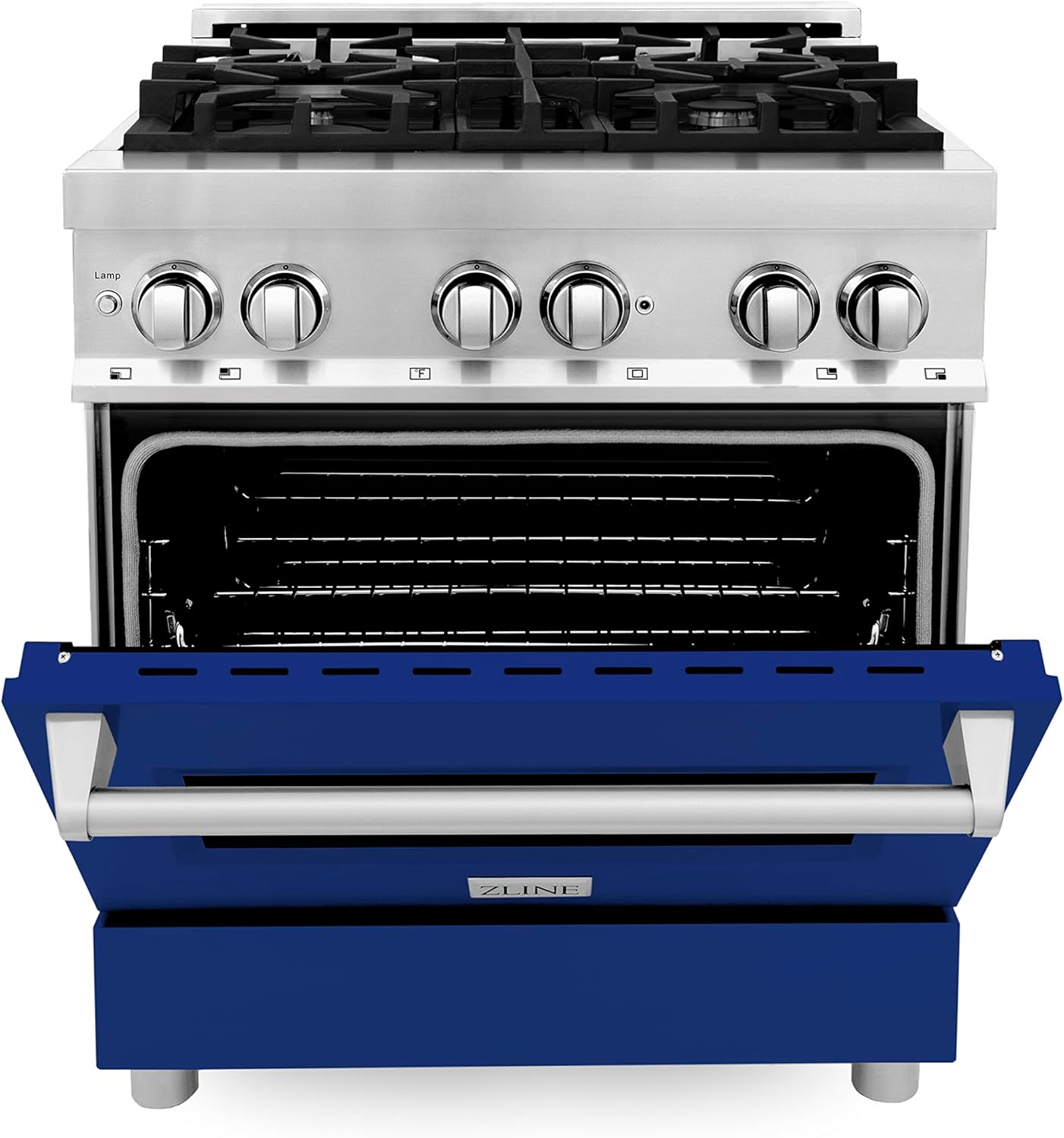 ZLINE 30 in. 4.0 cu. ft. Legacy Dual Fuel Range with 4 Burner Gas Cooktop and Electric Convection Oven in Stainless Steel and Blue Gloss Door (RA-BG-30)