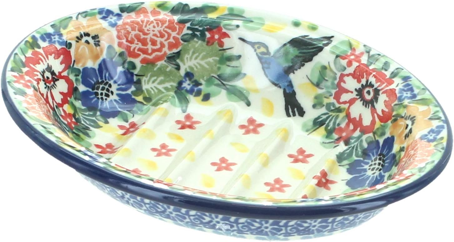 Blue Rose Polish Pottery - Red Hummingbird Soap Dish - 5.5" x 4.25" - Handcrafted Decorative Holder for Bar Soap
