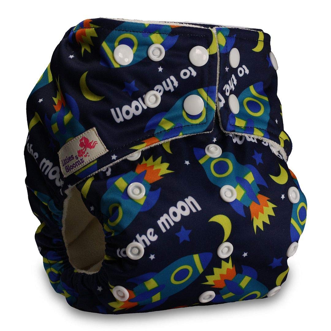 Littles & Bloomz, Baby Cloth Washable Reusable Nappy Pocket Diaper Bamboo, Fastener: Popper, Pattern 5, with 2 Bamboo Charcoal Inserts